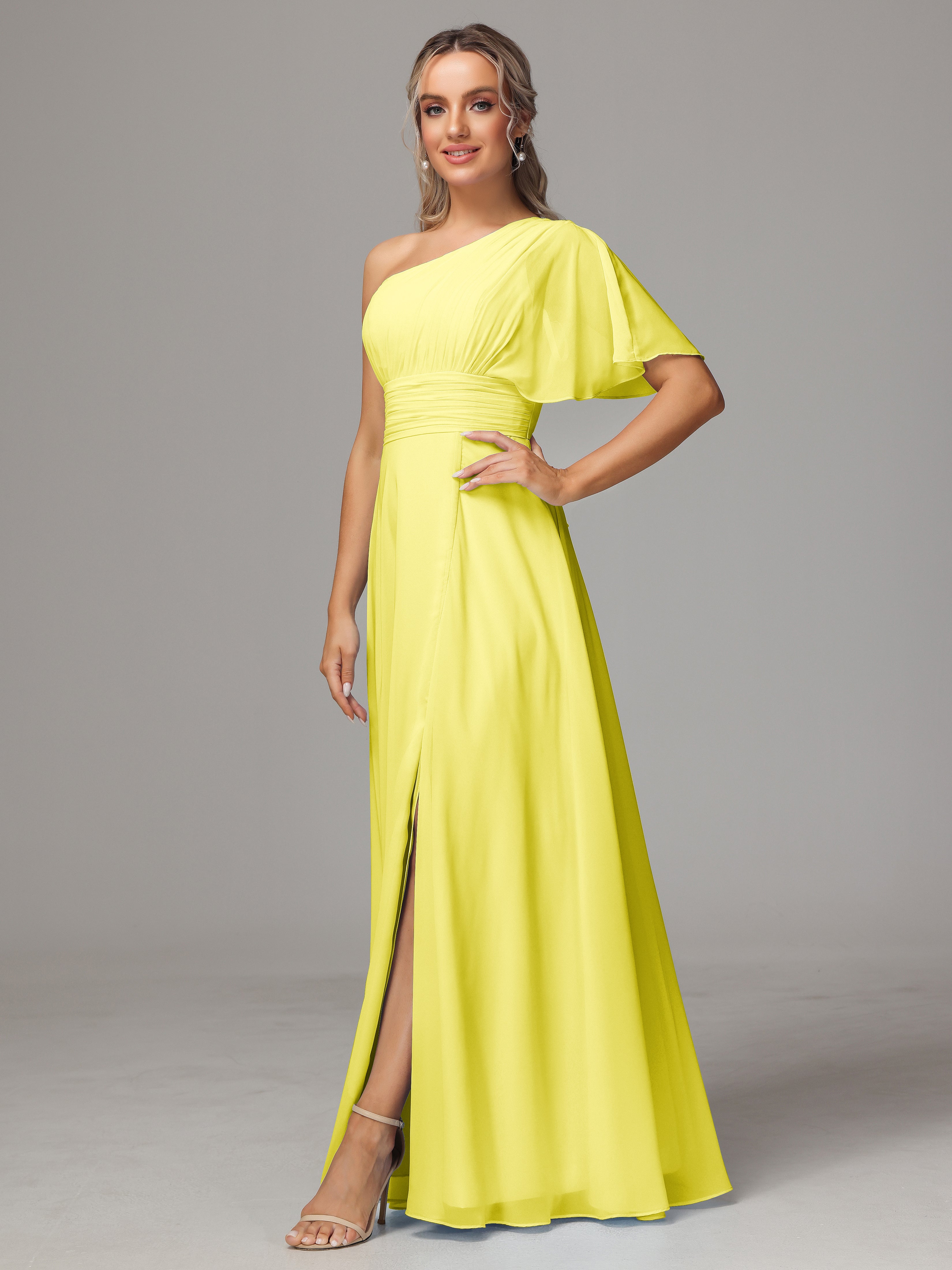 Robes De Demoiselle D'Honneur Citron Fendue Seule Épaule Mousseline Robe Demoiselle D'Honneur