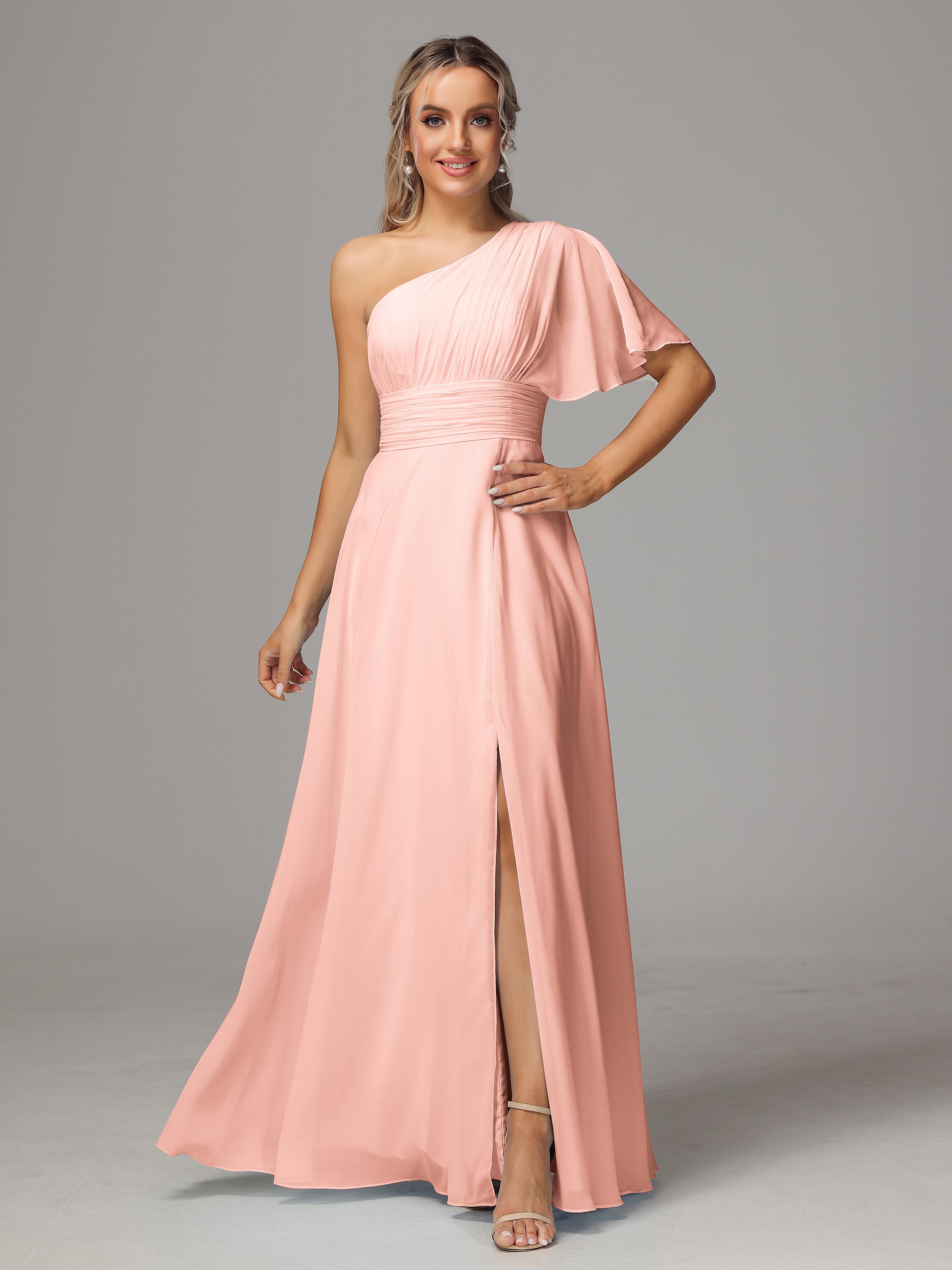 Robes Demoiselles D Honneur Corail Fendue Seule Épaule Mousseline Robe Demoiselle D'Honneur