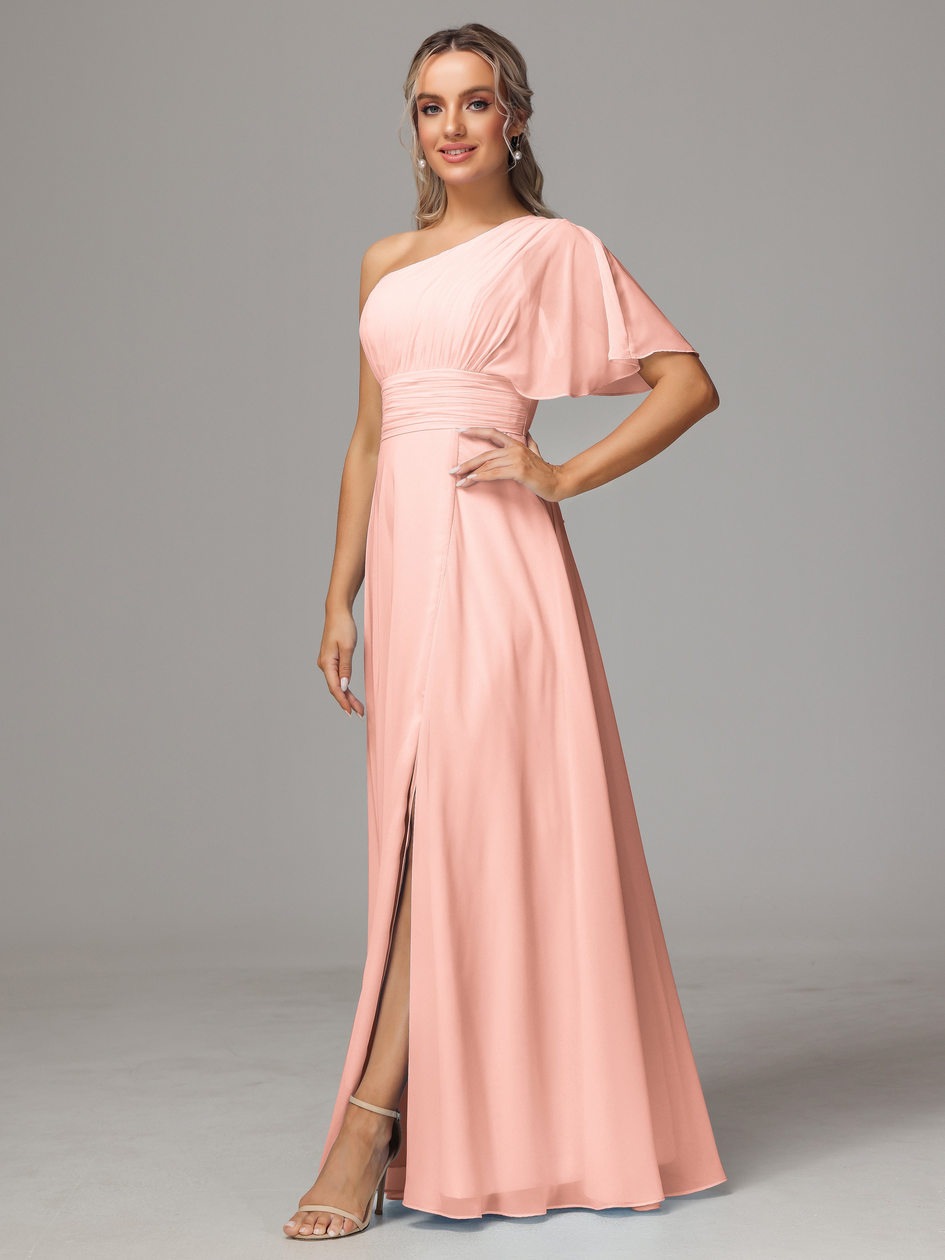 Robes Demoiselles D Honneur Corail Fendue Seule Épaule Mousseline Robe Demoiselle D'Honneur