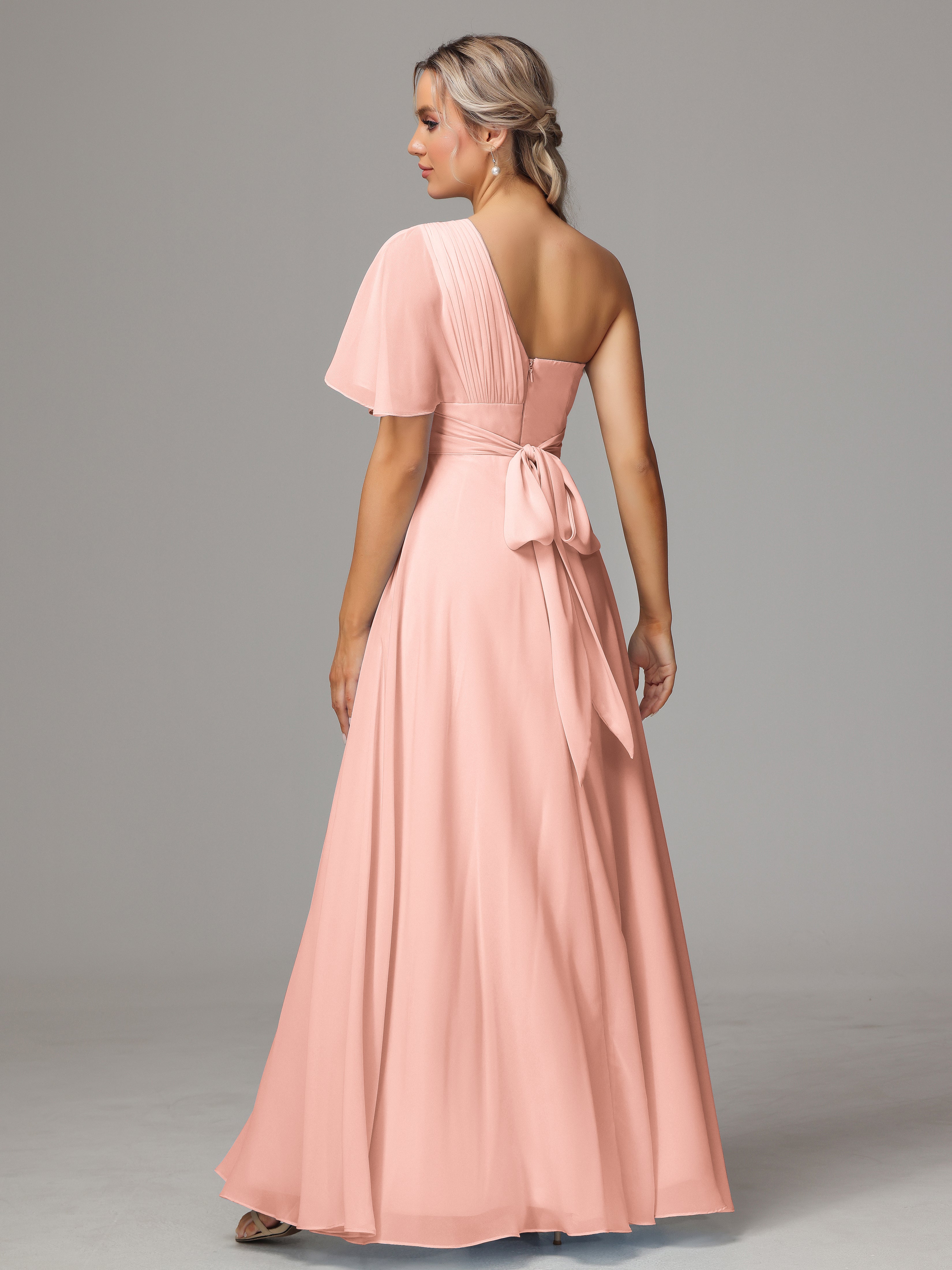 Robes Demoiselles D Honneur Corail Fendue Seule Épaule Mousseline Robe Demoiselle D'Honneur