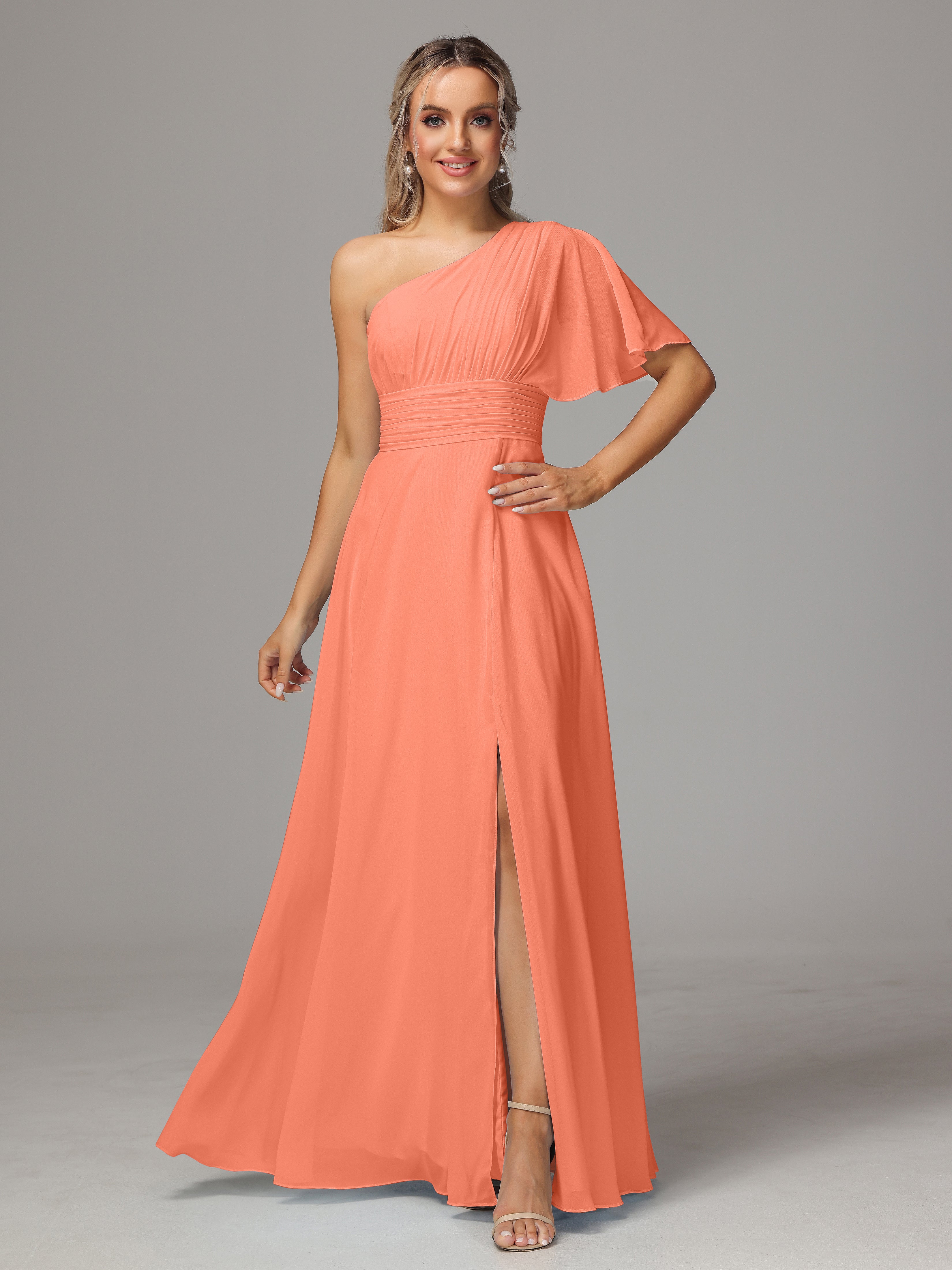Robes De Demoiselle D'Honneur Coucher De Soleil Fendue Seule Épaule Mousseline Robe Demoiselle D'Honneur