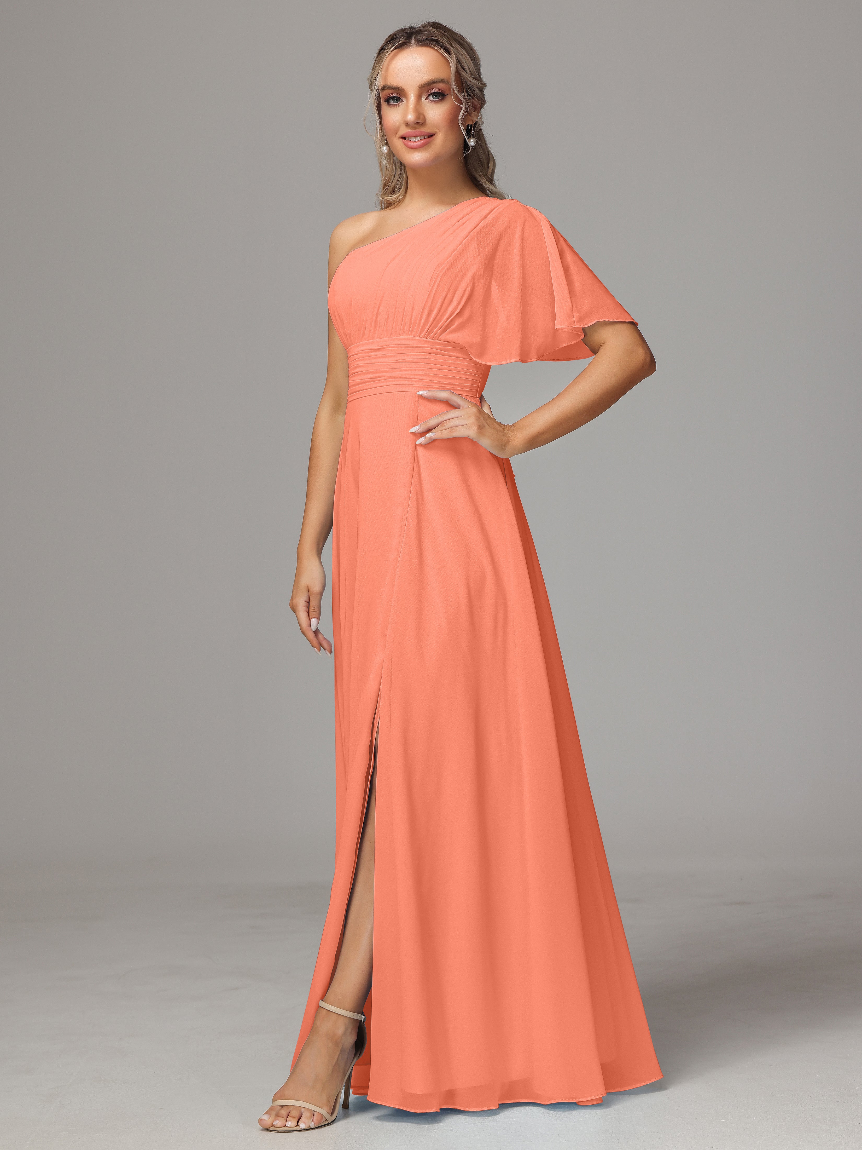 Robes De Demoiselle D'Honneur Coucher De Soleil Fendue Seule Épaule Mousseline Robe Demoiselle D'Honneur