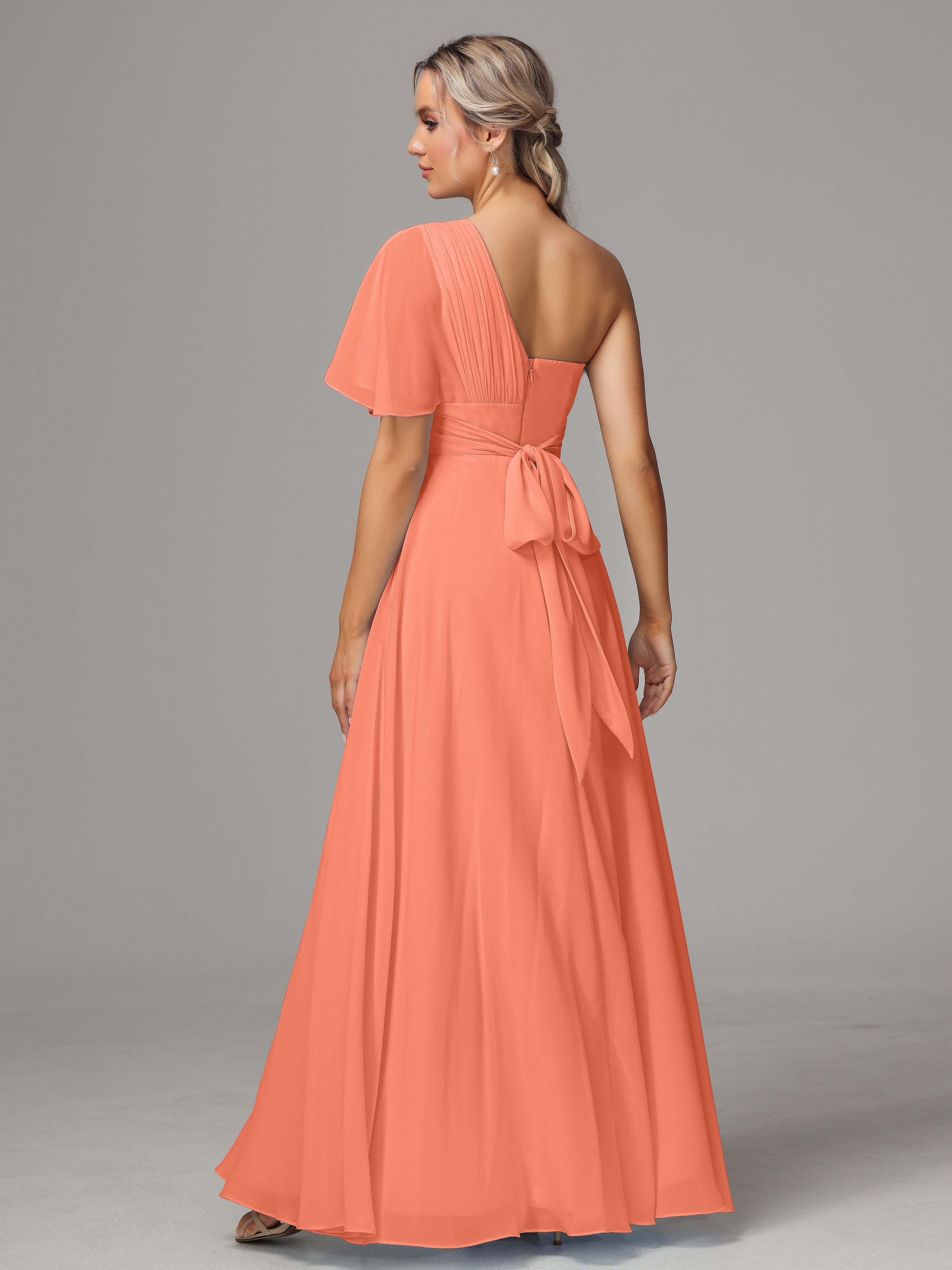 Robes De Demoiselle D'Honneur Coucher De Soleil Fendue Seule Épaule Mousseline Robe Demoiselle D'Honneur