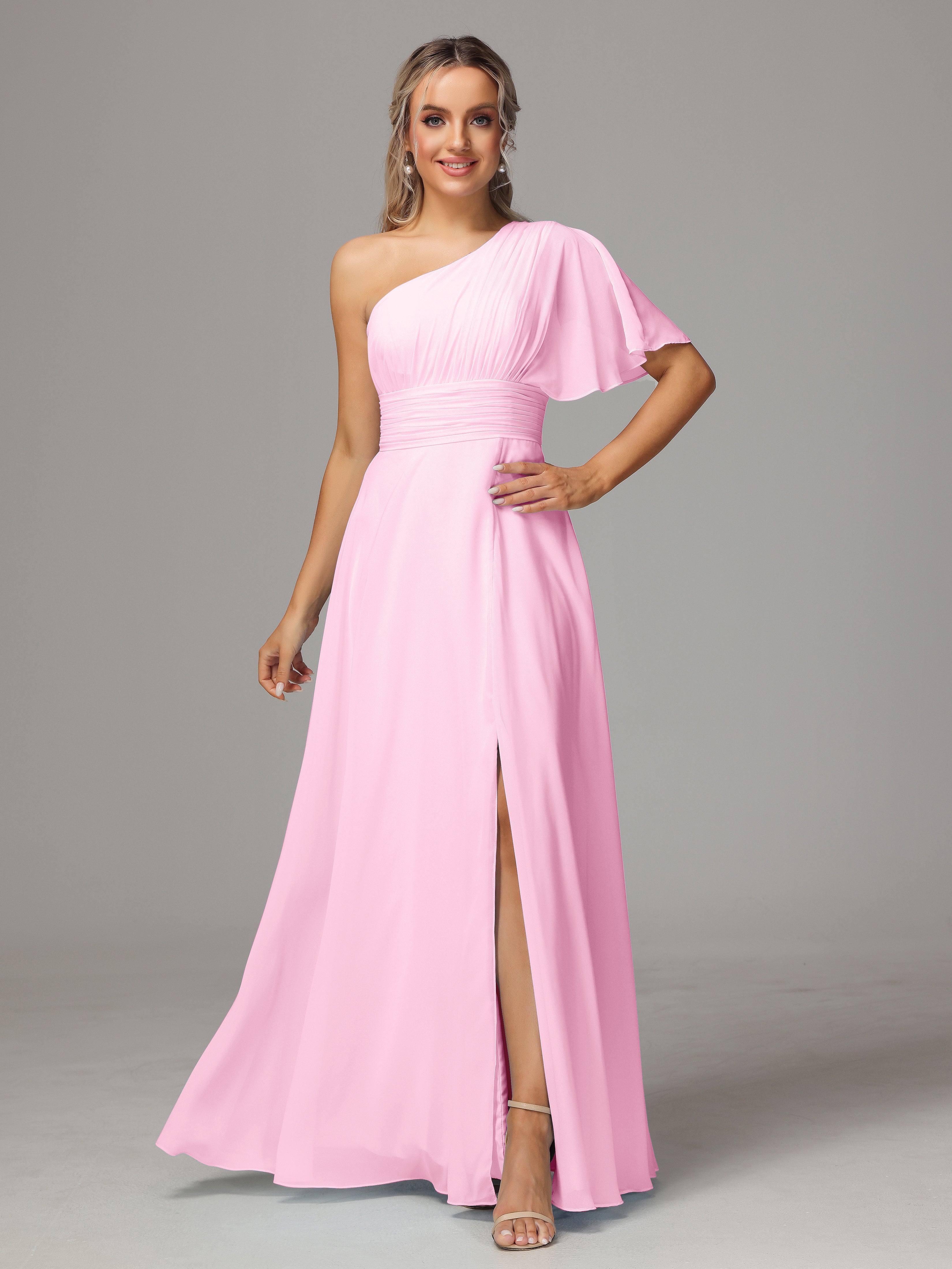Robe Demoiselle D Honneur Rose Bonbon Fendue Seule Épaule Mousseline Robe Demoiselle D'Honneur