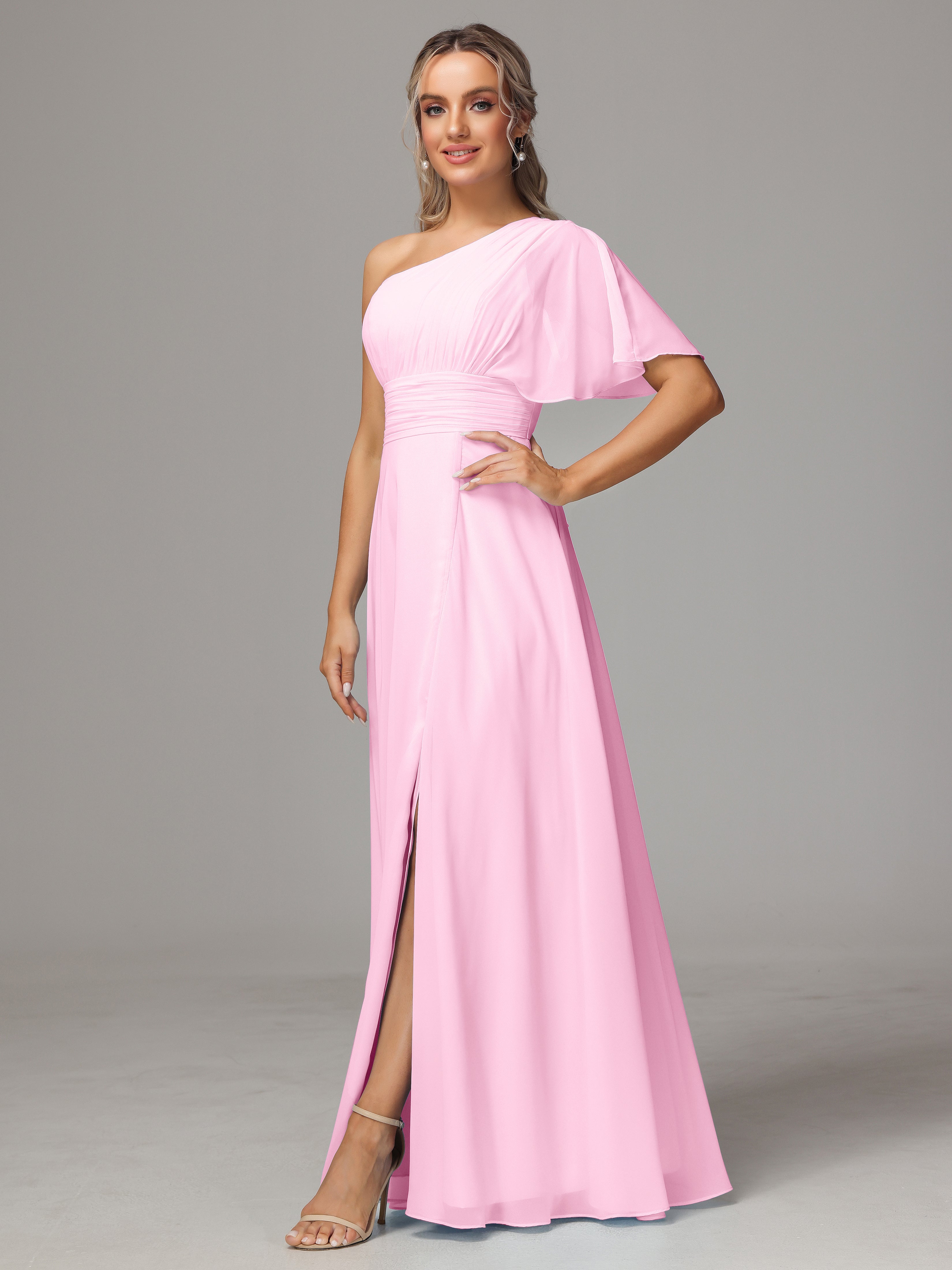 Robe Demoiselle D Honneur Rose Bonbon Fendue Seule Épaule Mousseline Robe Demoiselle D'Honneur