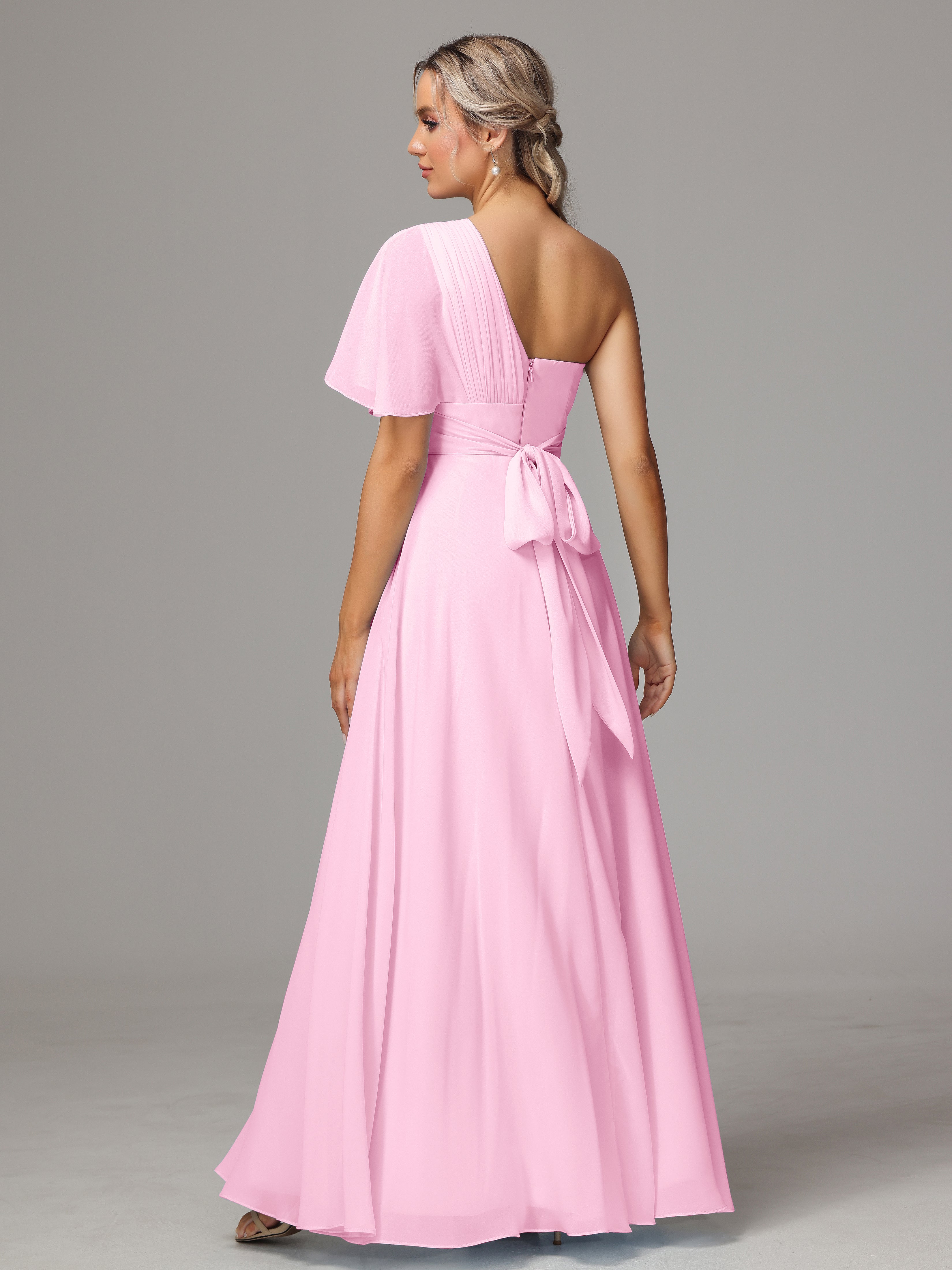 Robe Demoiselle D Honneur Rose Bonbon Fendue Seule Épaule Mousseline Robe Demoiselle D'Honneur