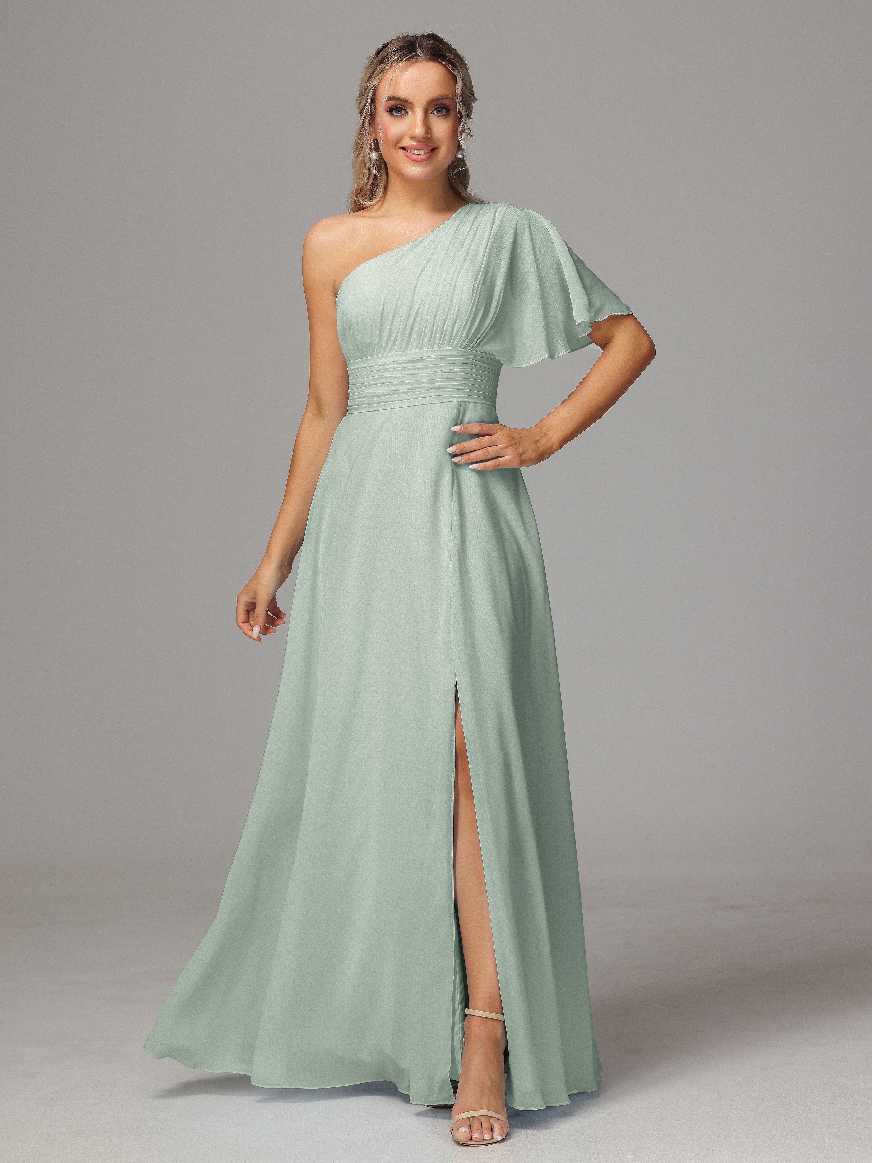 Robe Demoiselle D Honneur Celadon Fendue Seule Épaule Mousseline Robe Demoiselle D'Honneur