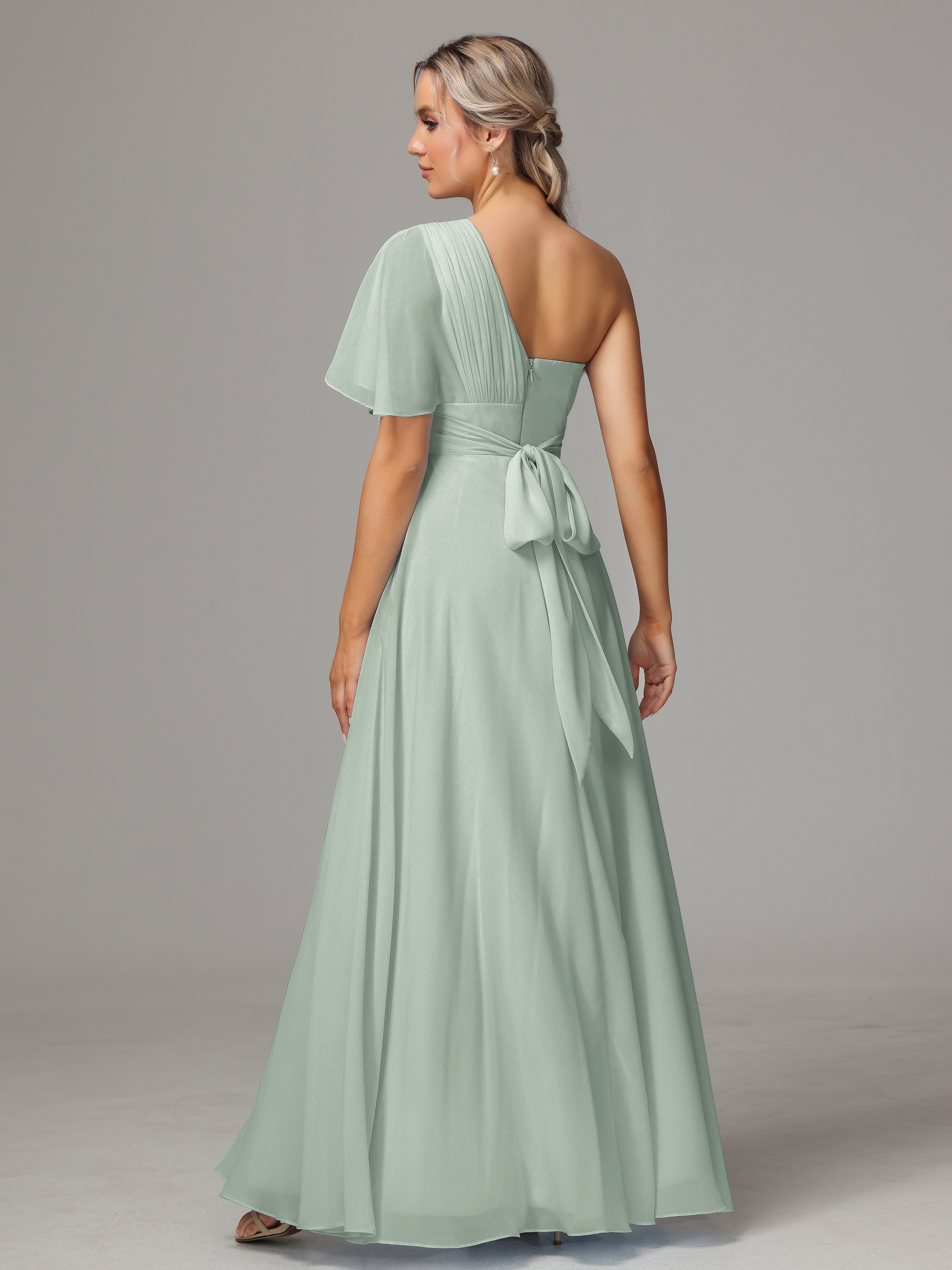 Robe Demoiselle D Honneur Celadon Fendue Seule Épaule Mousseline Robe Demoiselle D'Honneur