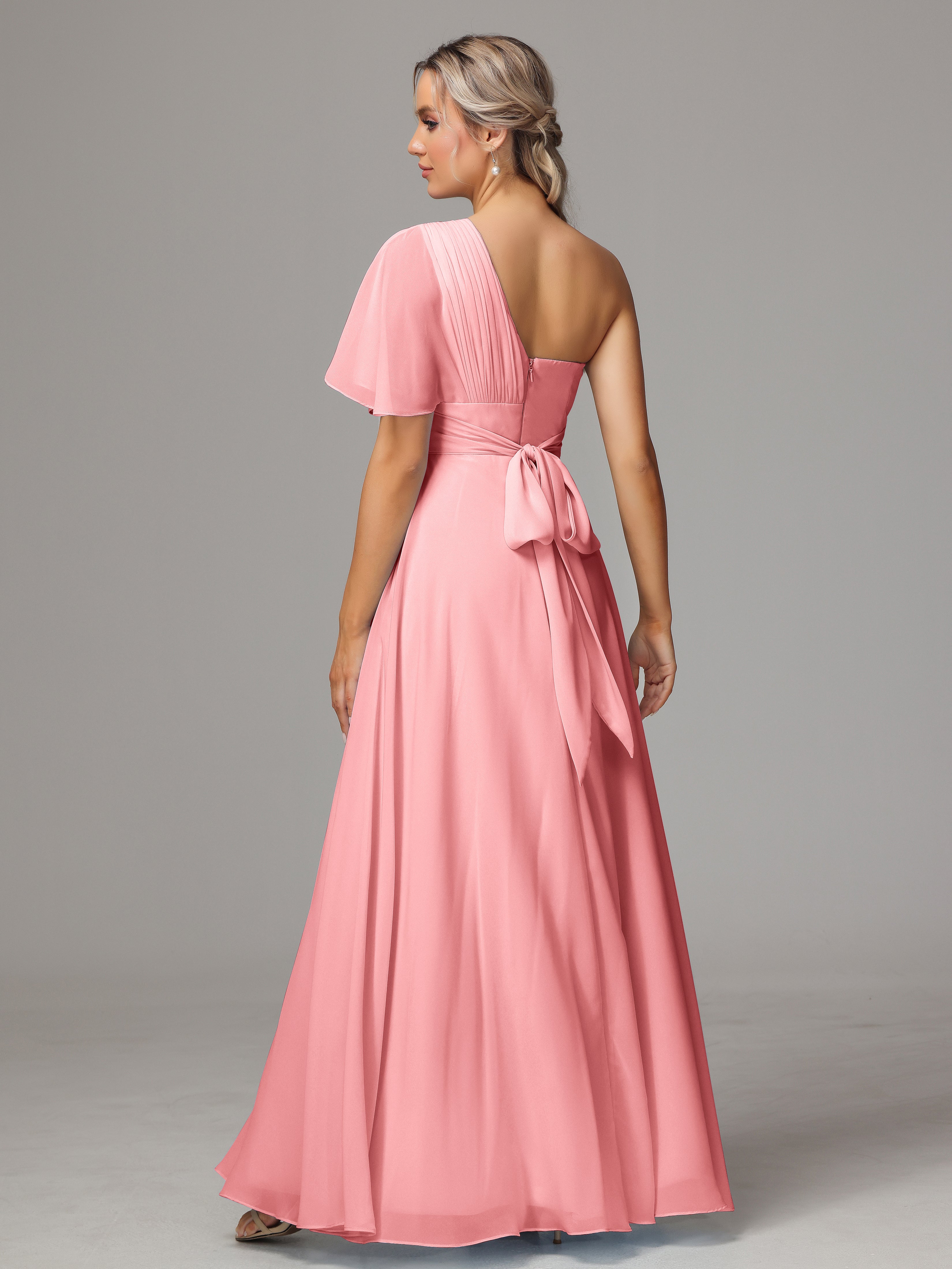 Robes De Demoiselle D'Honneur En Flamant Fendue Seule Épaule Mousseline Robe Demoiselle D'Honneur