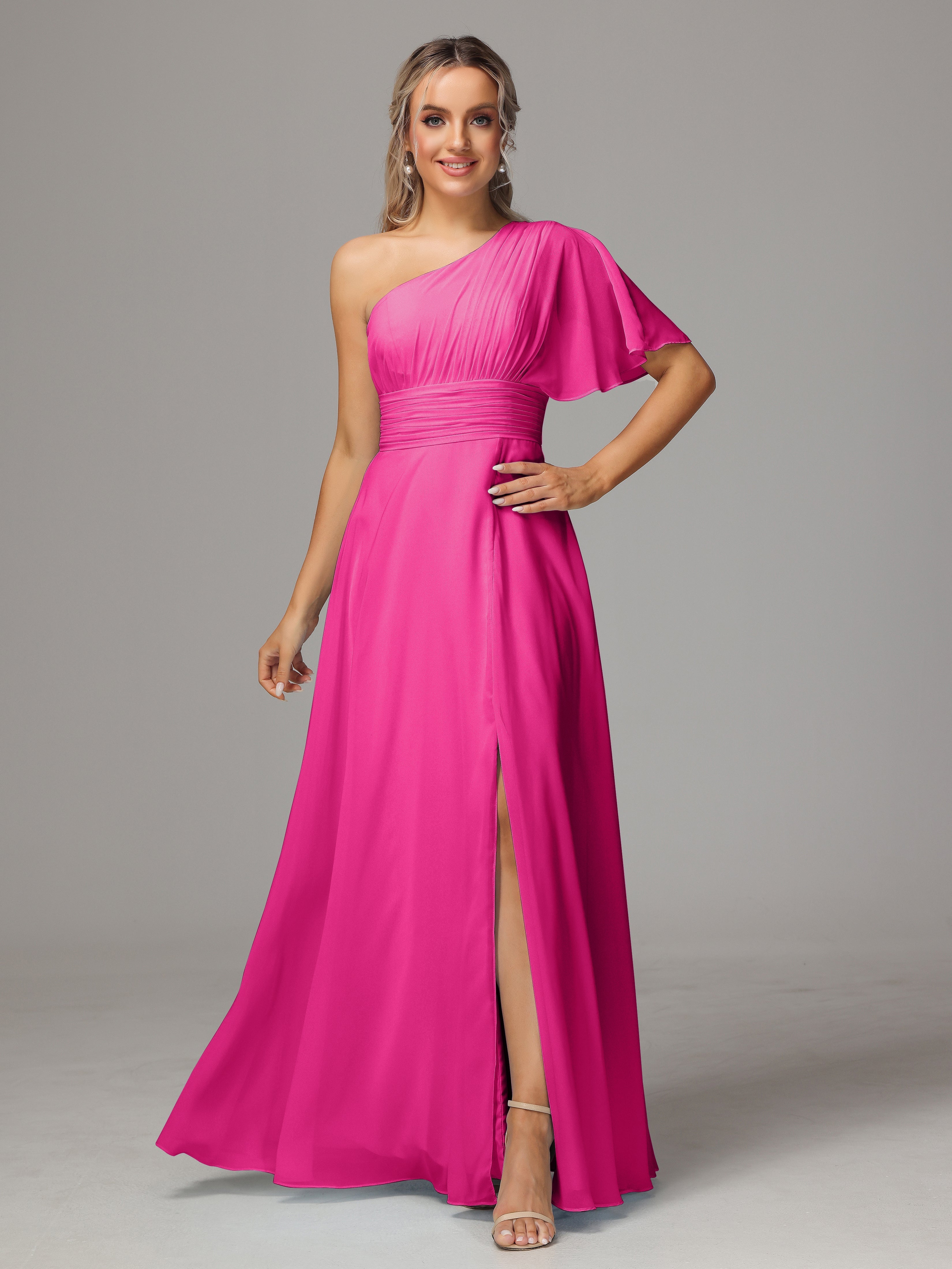 Robes De Demoiselle D'Honneur Rose Fuchsia Couleur Fendue Seule Épaule Mousseline Robe Demoiselle D'Honneur
