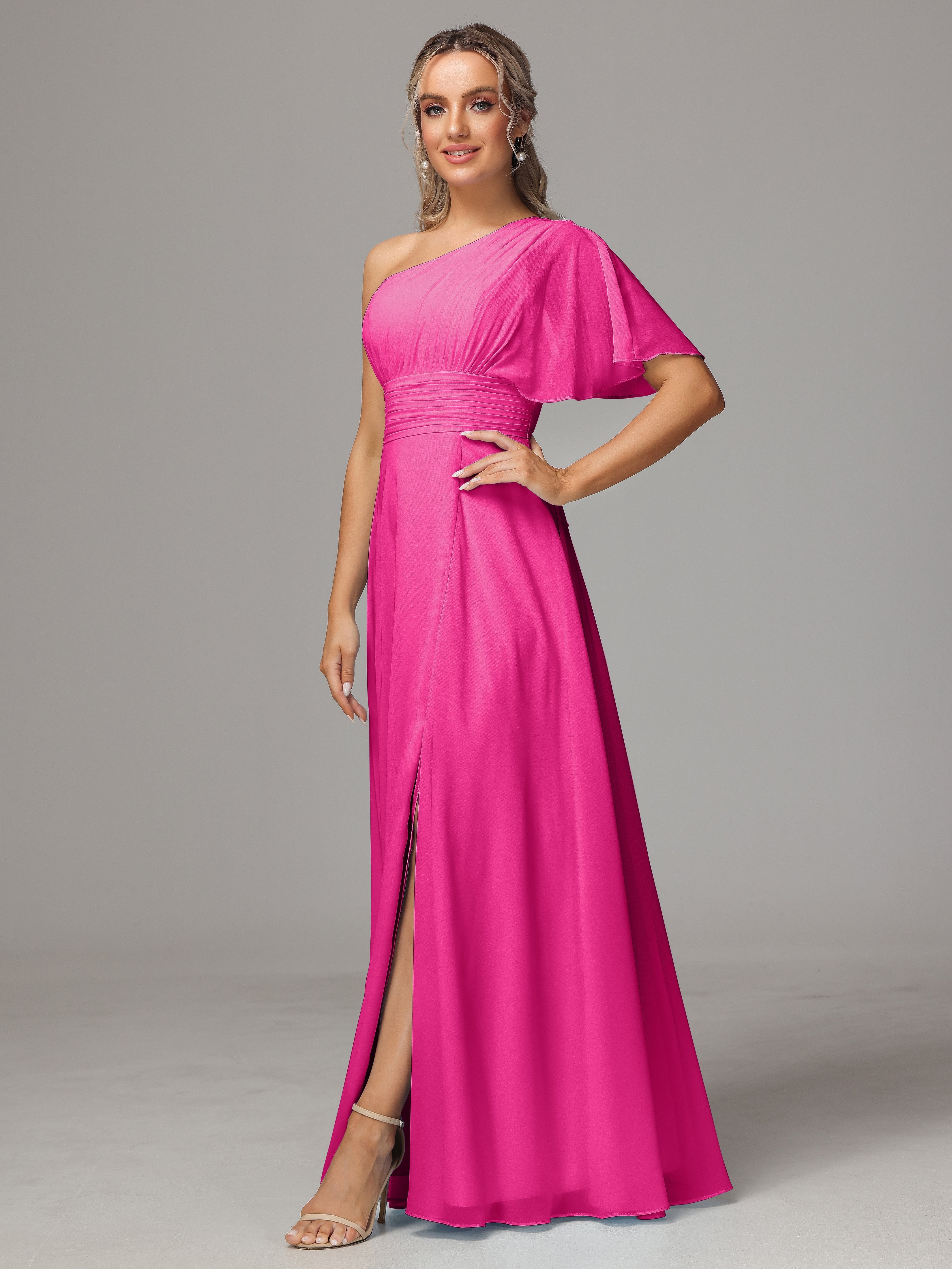 Robes De Demoiselle D'Honneur Rose Fuchsia Couleur Fendue Seule Épaule Mousseline Robe Demoiselle D'Honneur