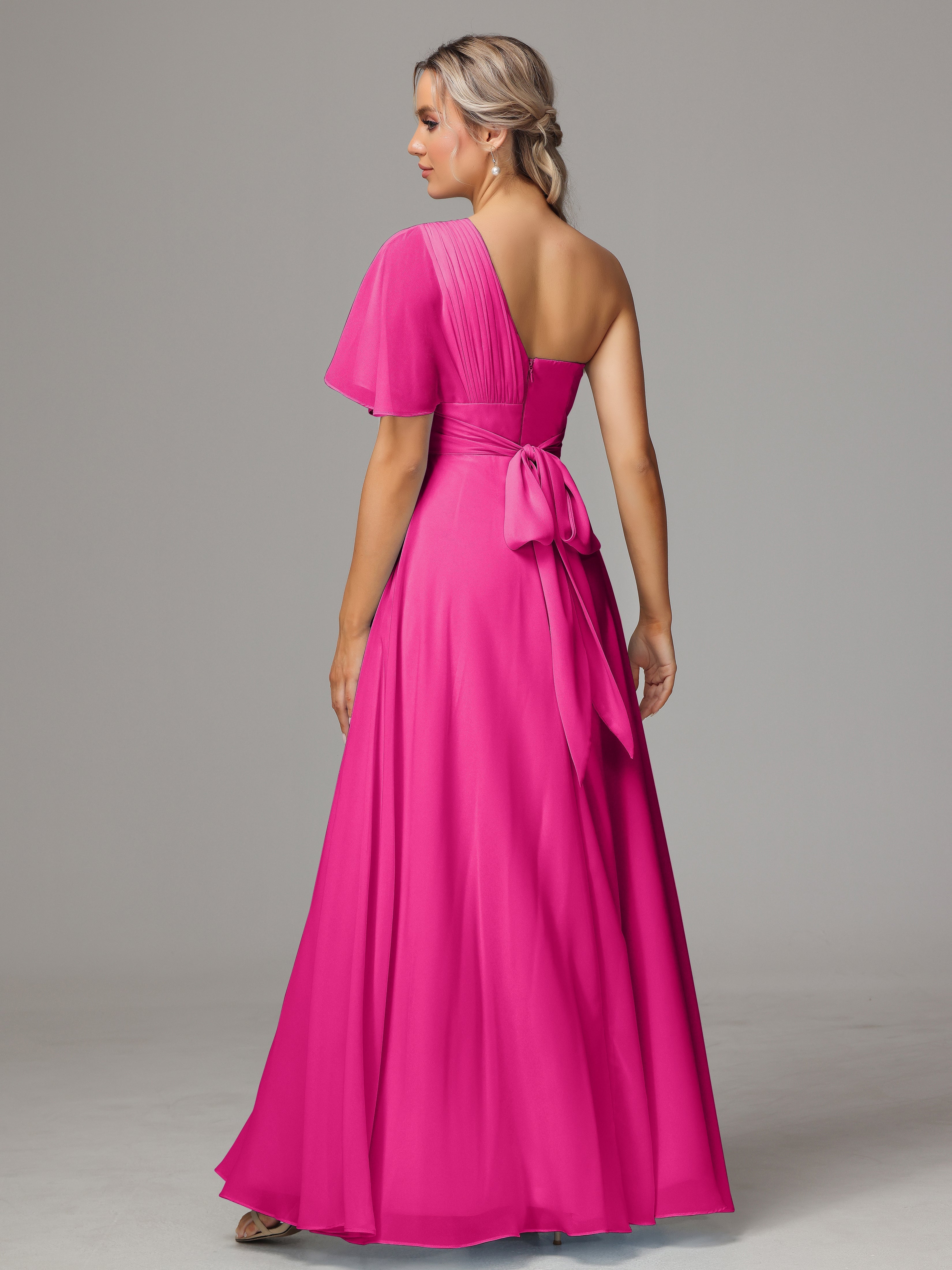 Robes De Demoiselle D'Honneur Rose Fuchsia Couleur Fendue Seule Épaule Mousseline Robe Demoiselle D'Honneur
