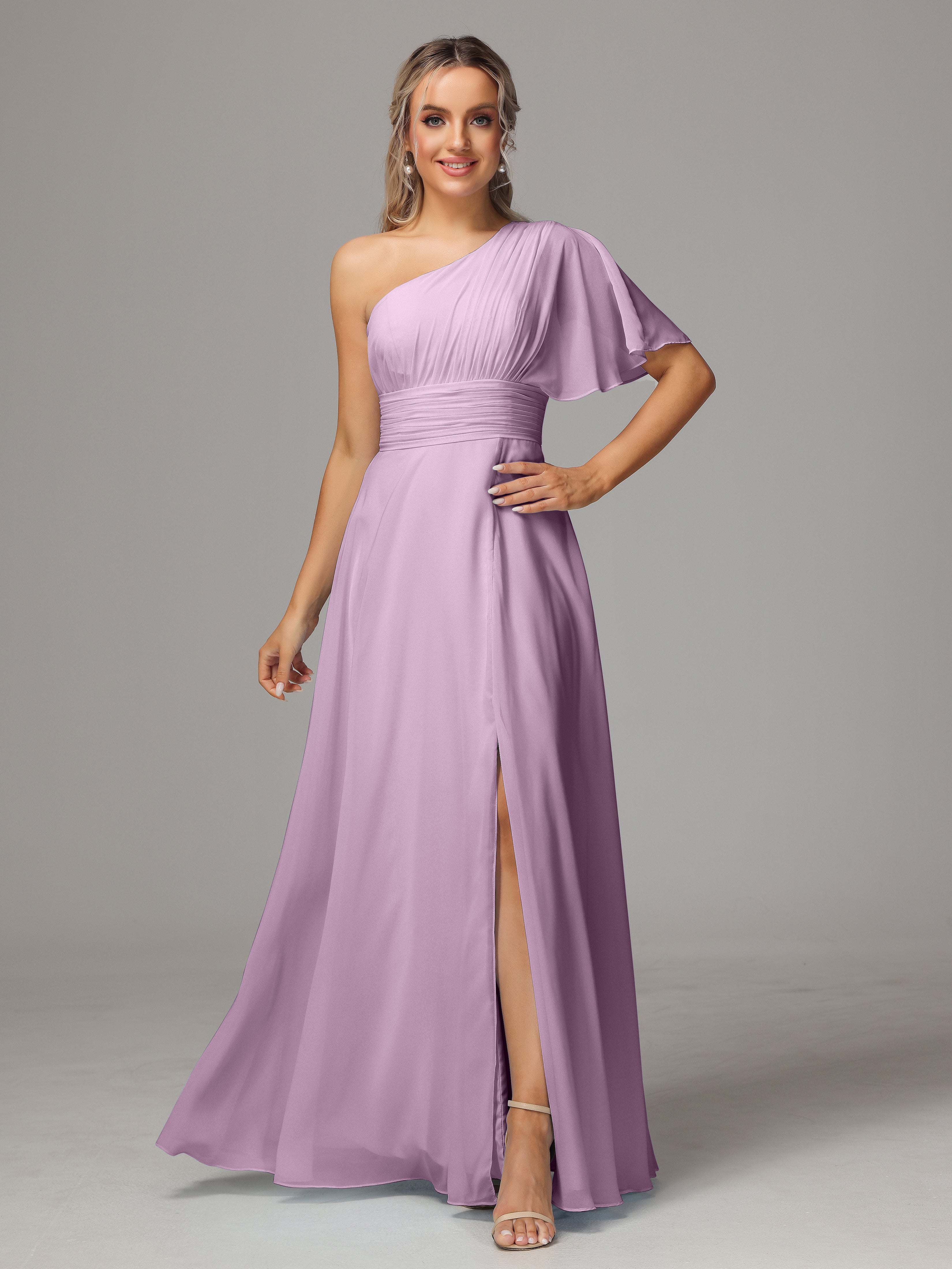 Robes De Demoiselle D'Honneur Glycine Fendue Seule Épaule Mousseline Robe Demoiselle D'Honneur