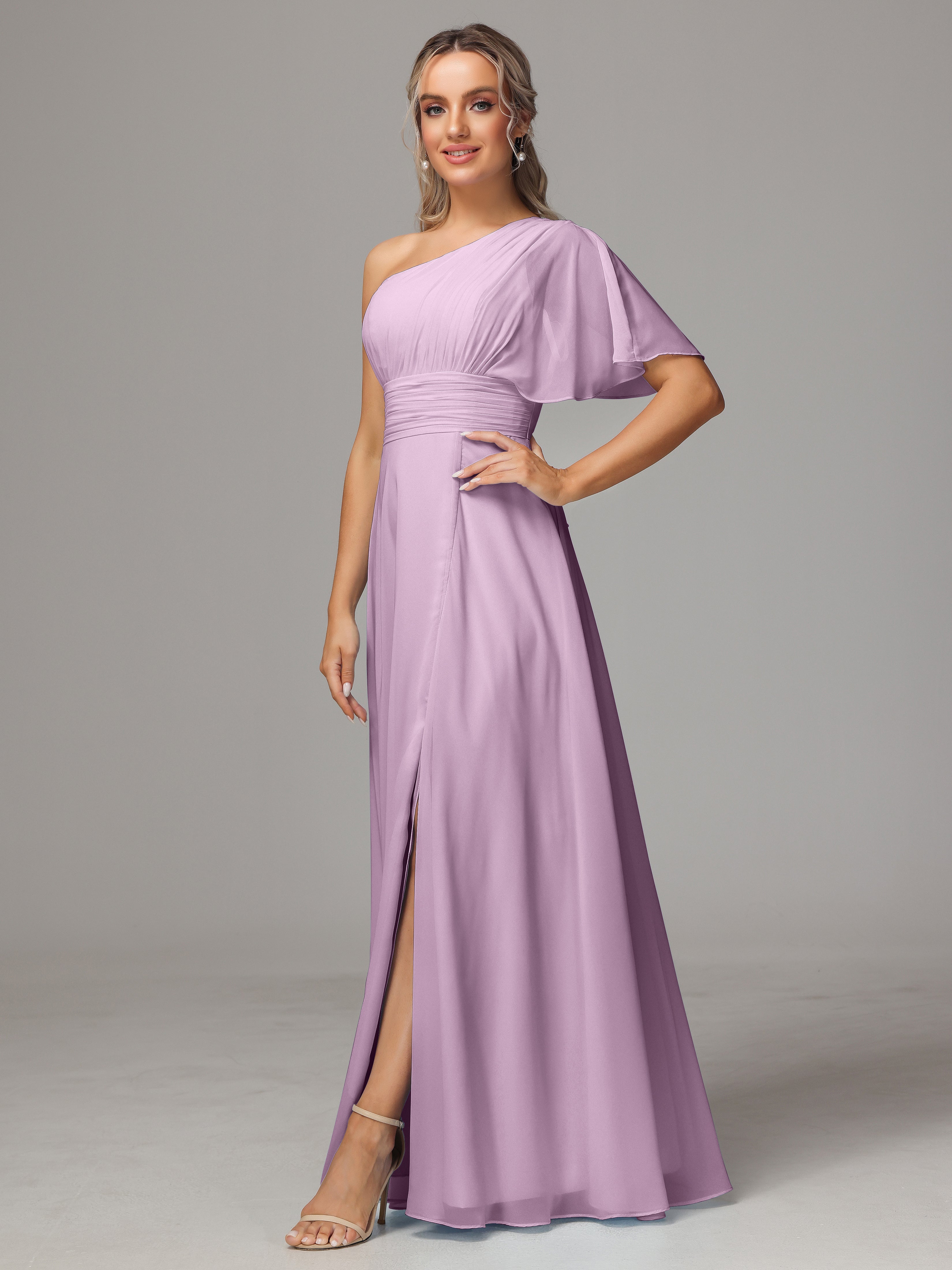 Robes De Demoiselle D'Honneur Glycine Fendue Seule Épaule Mousseline Robe Demoiselle D'Honneur