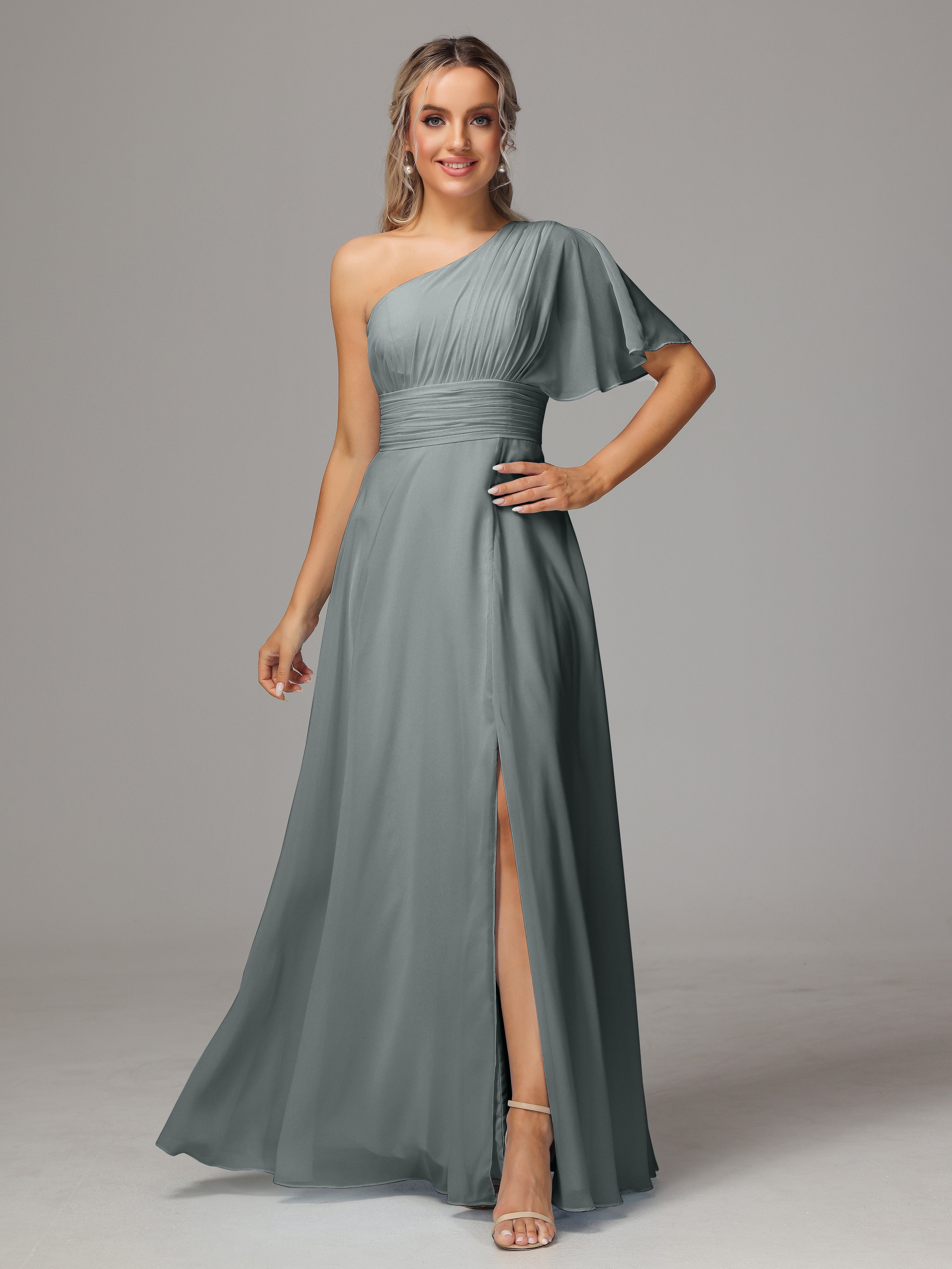 Robe Demoiselle D Honneur Grise Fendue Seule Épaule Mousseline Robe Demoiselle D'Honneur