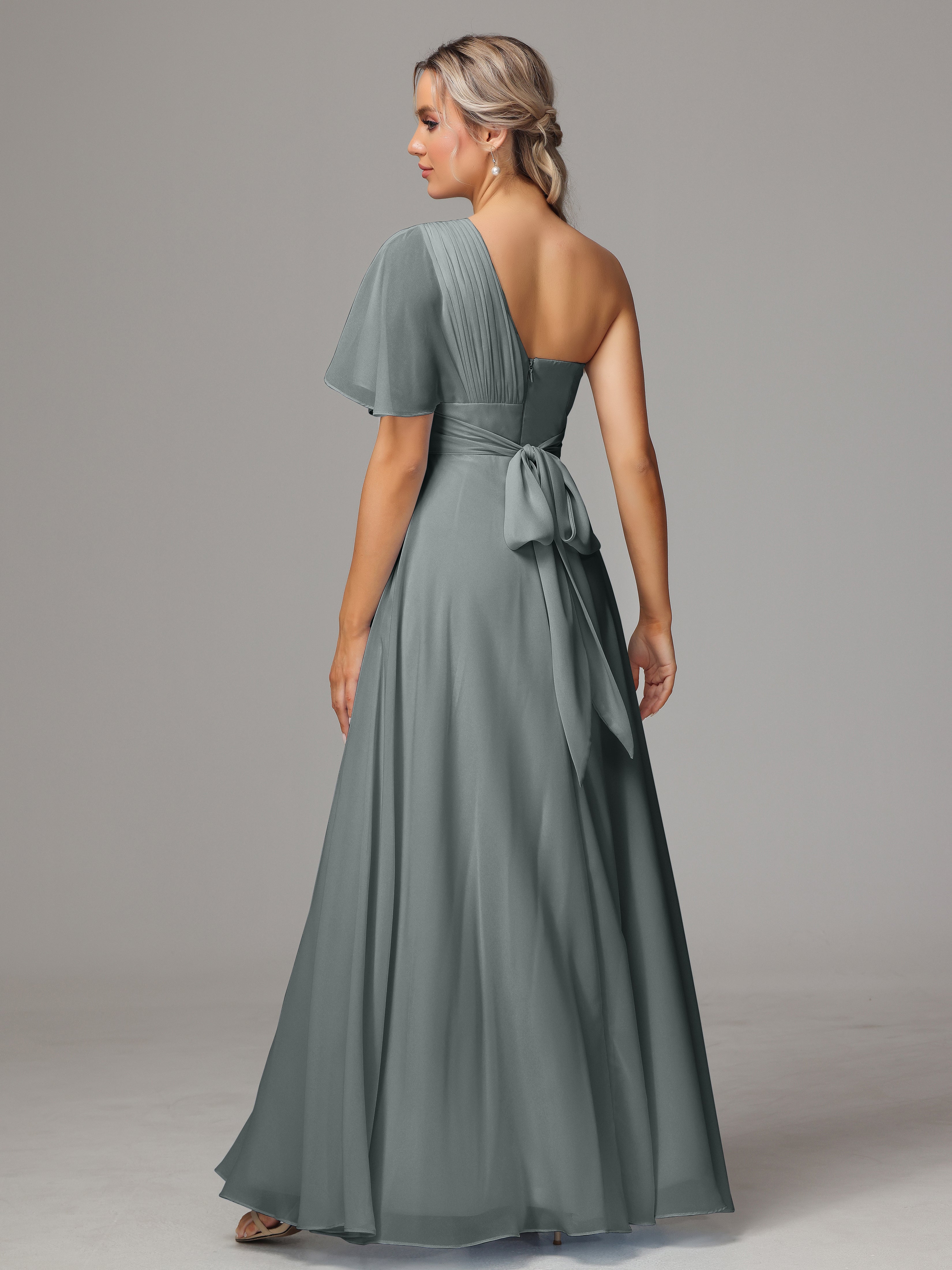 Robe Demoiselle D Honneur Grise Fendue Seule Épaule Mousseline Robe Demoiselle D'Honneur