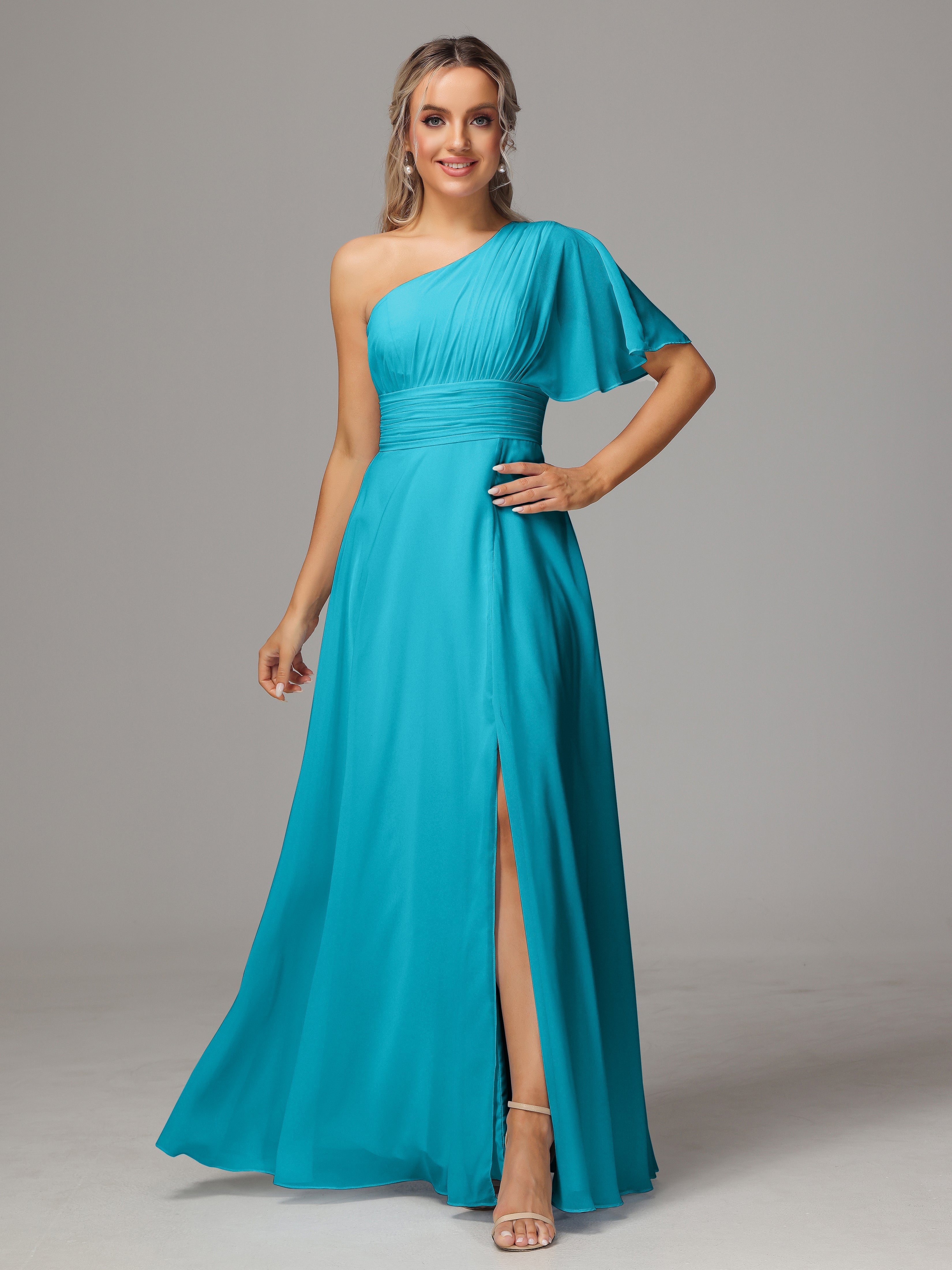 Robes De Demoiselle D'Honneur Vert Jade Fendue Seule Épaule Mousseline Robe Demoiselle D'Honneur