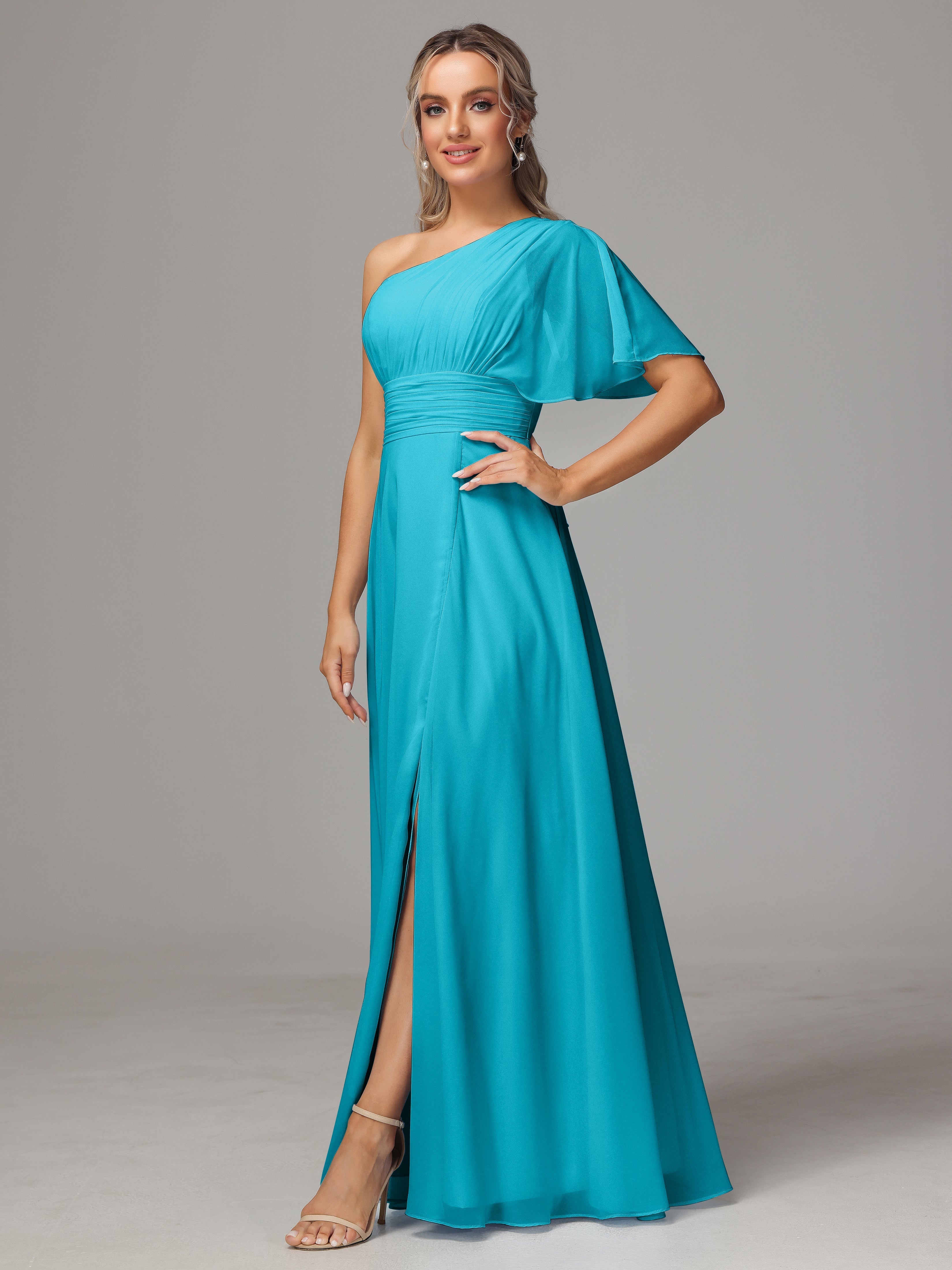 Robes De Demoiselle D'Honneur Vert Jade Fendue Seule Épaule Mousseline Robe Demoiselle D'Honneur