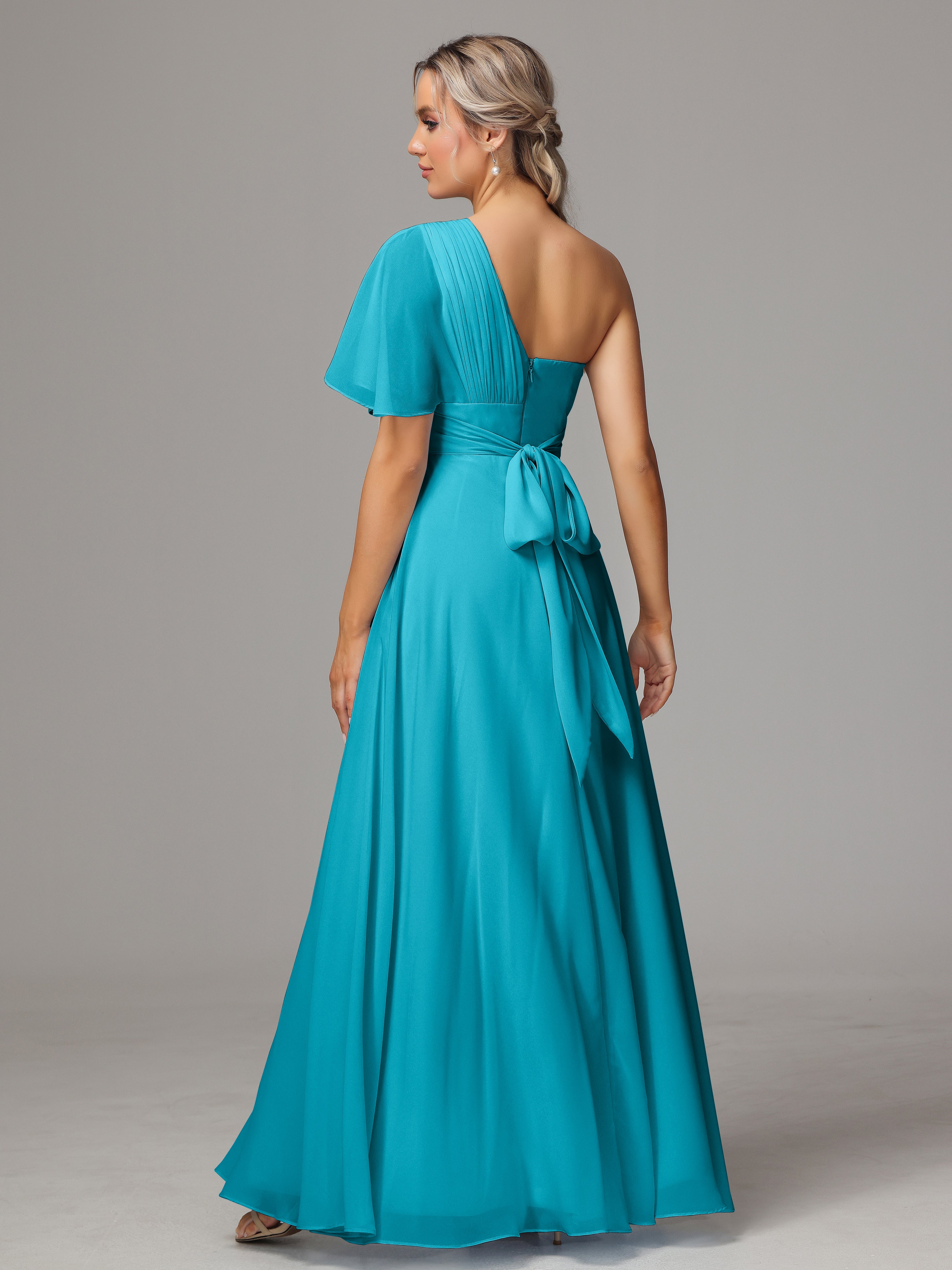 Robes De Demoiselle D'Honneur Vert Jade Fendue Seule Épaule Mousseline Robe Demoiselle D'Honneur