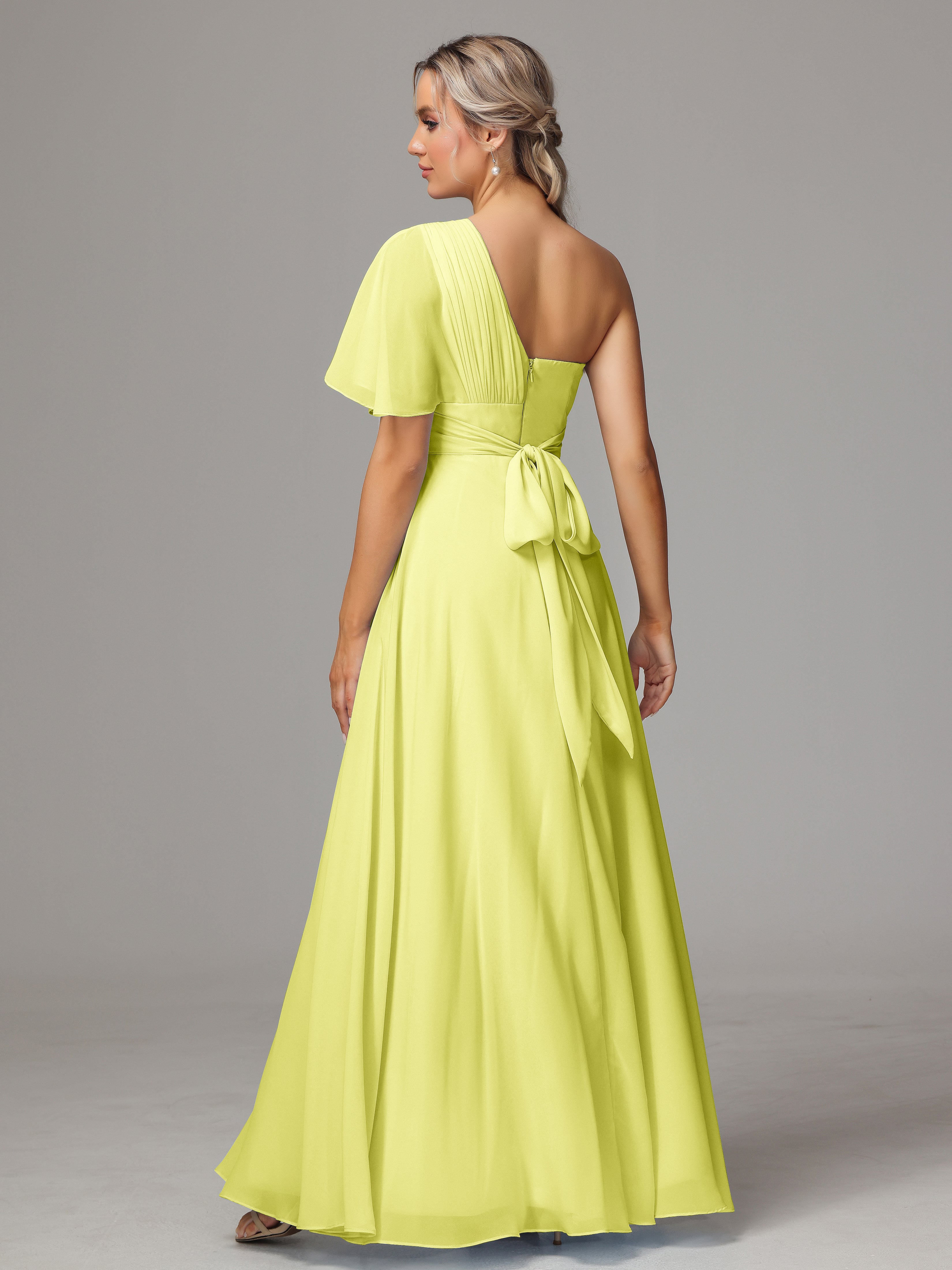 Robes De Demoiselle D'Honneur Jonquille Fendue Seule Épaule Mousseline Robe Demoiselle D'Honneur
