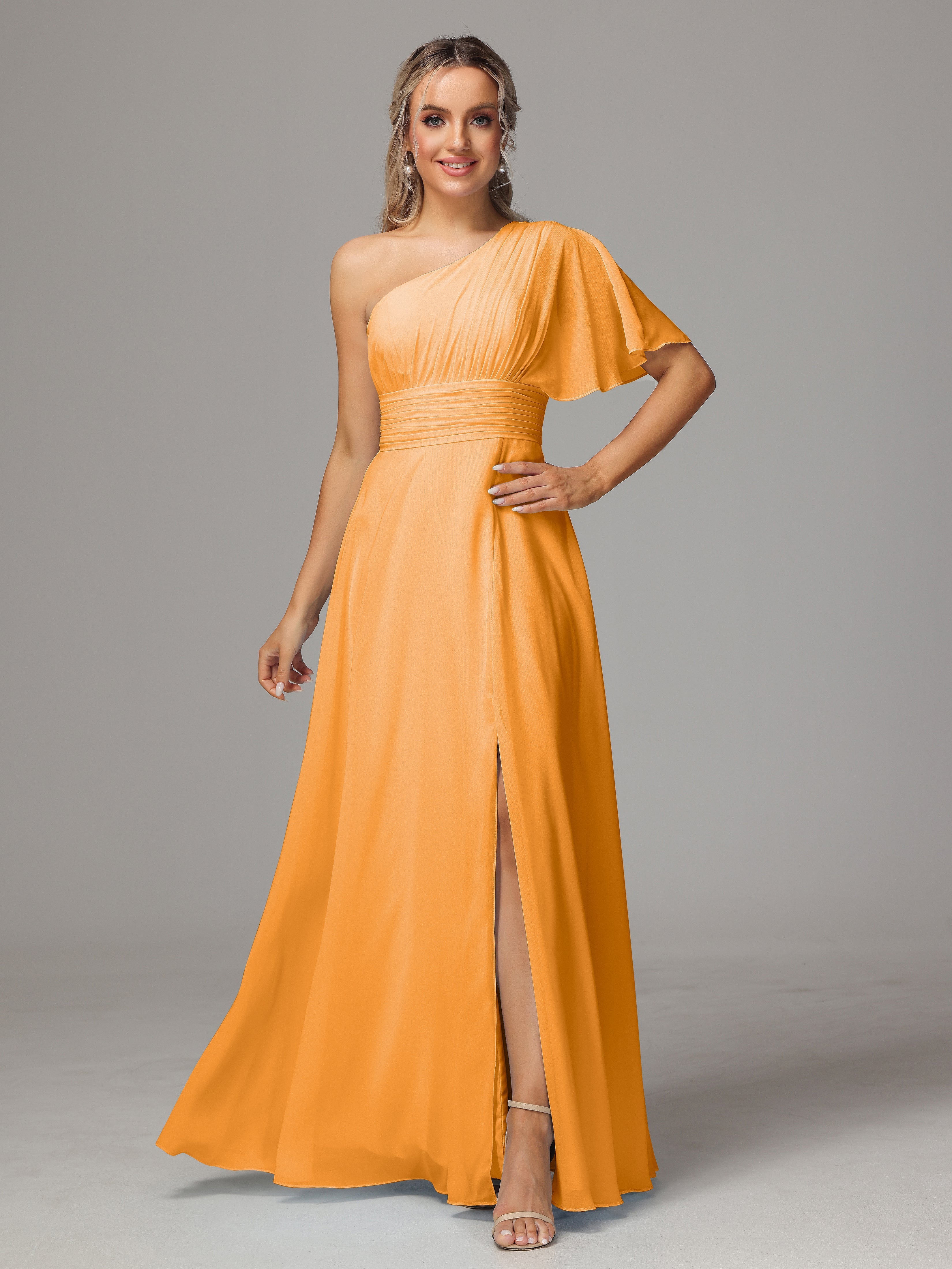 Robes De Demoiselle D'Honneur Mandarine Fendue Seule Épaule Mousseline Robe Demoiselle D'Honneur