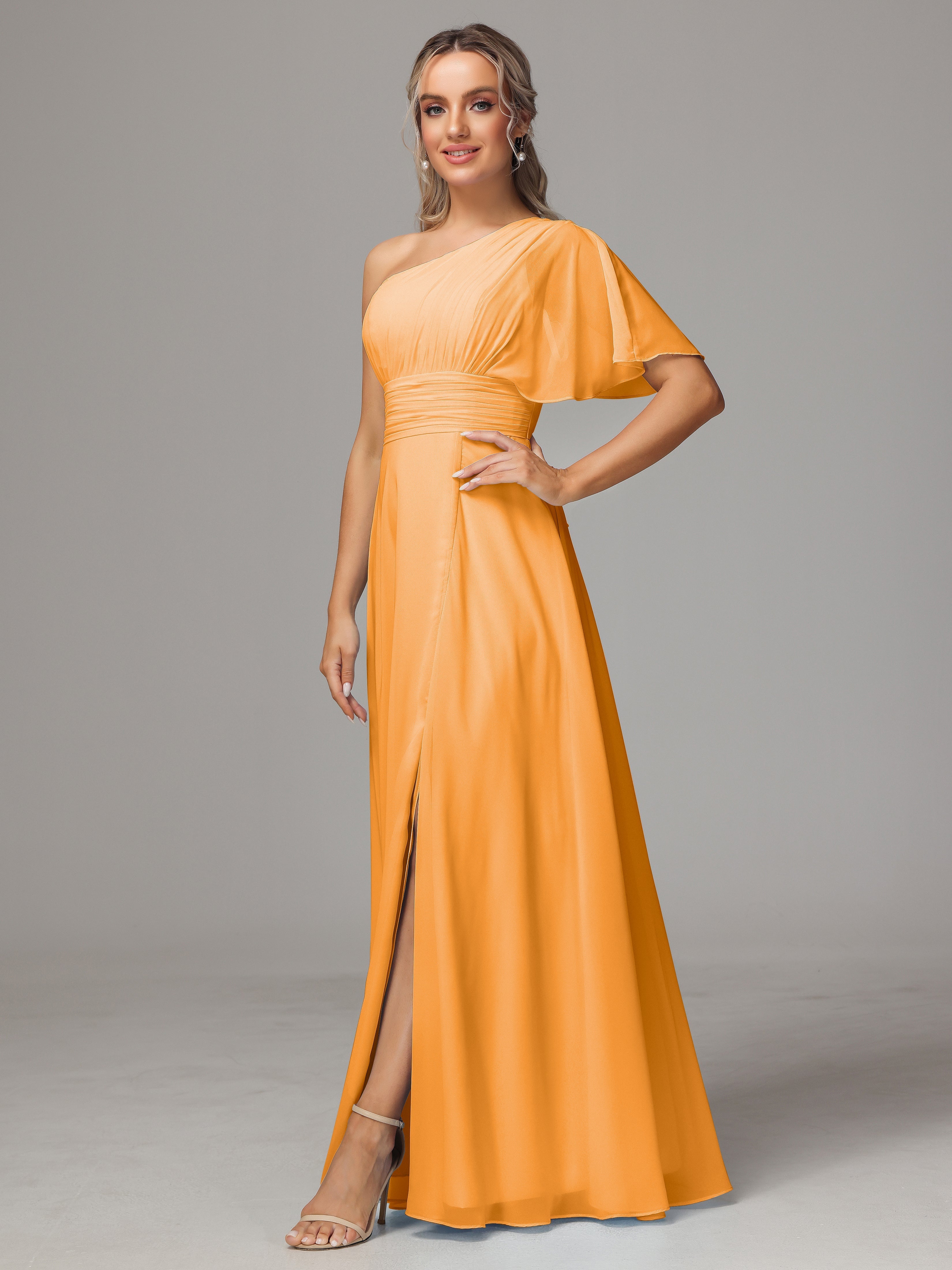 Robes De Demoiselle D'Honneur Mandarine Fendue Seule Épaule Mousseline Robe Demoiselle D'Honneur