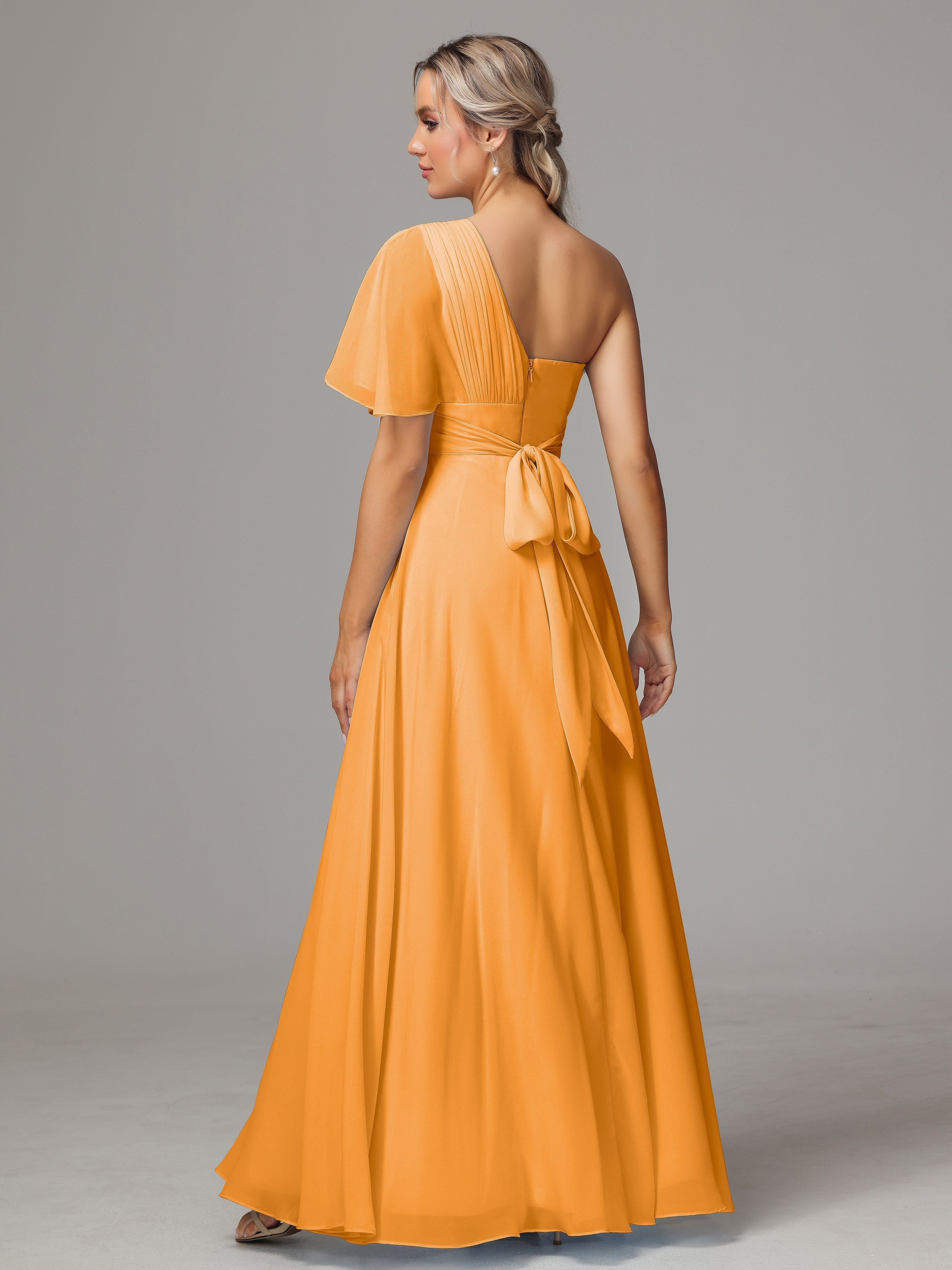 Robes De Demoiselle D'Honneur Mandarine Fendue Seule Épaule Mousseline Robe Demoiselle D'Honneur