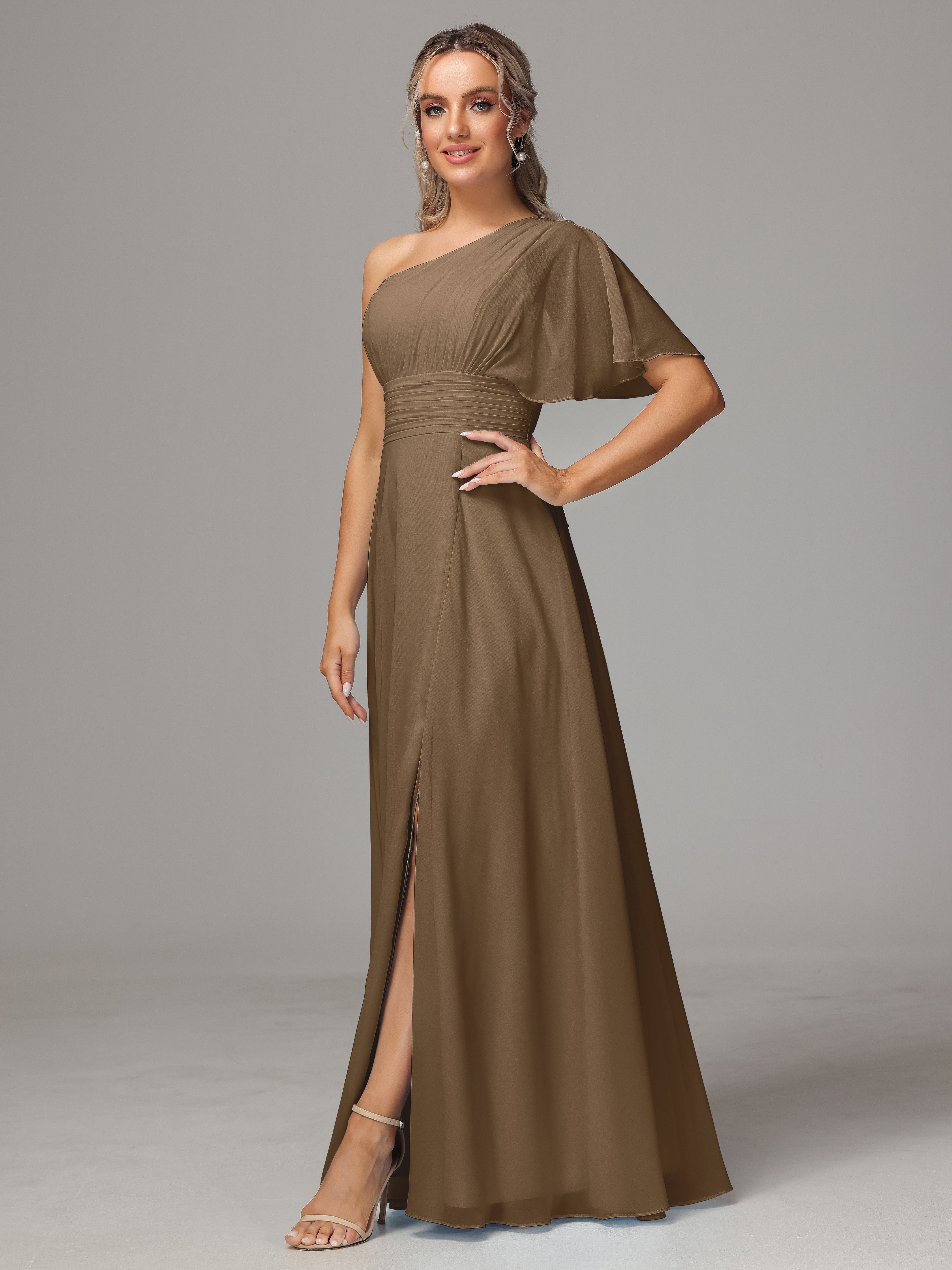 Robe Demoiselle D Honneur Moka Seule Épaule Mousseline Robe Demoiselle D'Honneur
