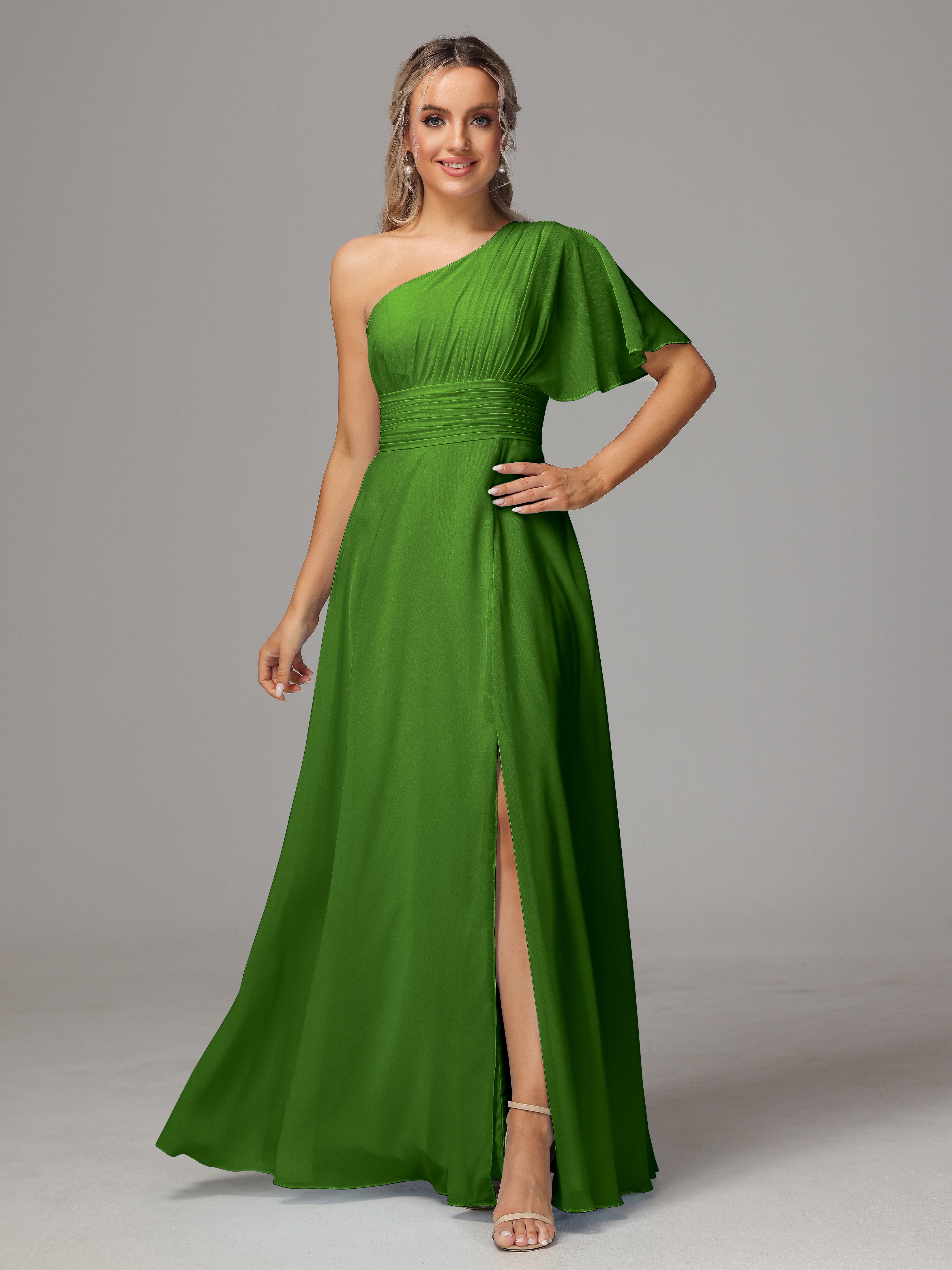 Robes De Demoiselle D'Honneur Vert Mousse Fendue Seule Épaule Mousseline Robe Demoiselle D'Honneur