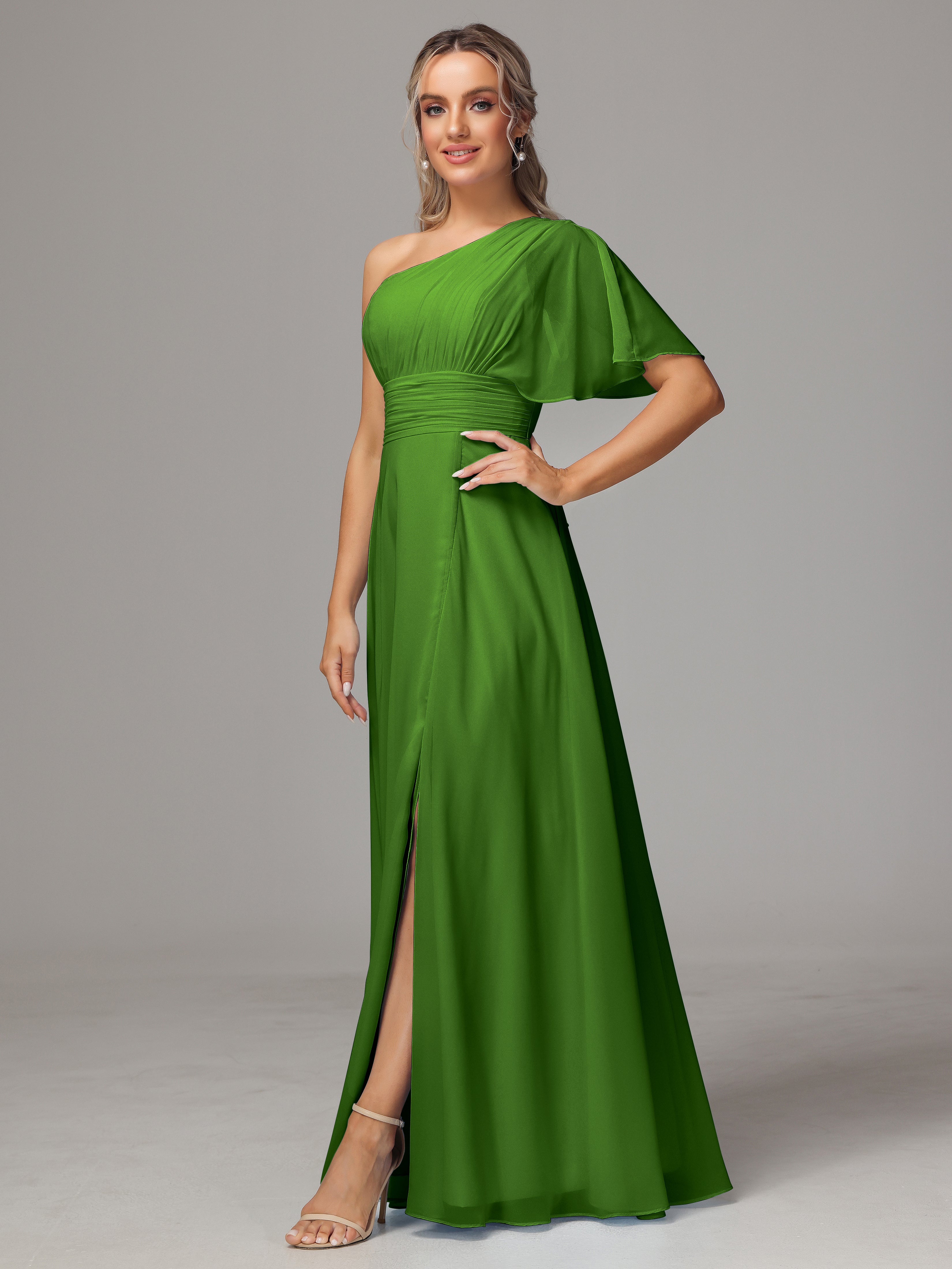 Robes De Demoiselle D'Honneur Vert Mousse Fendue Seule Épaule Mousseline Robe Demoiselle D'Honneur