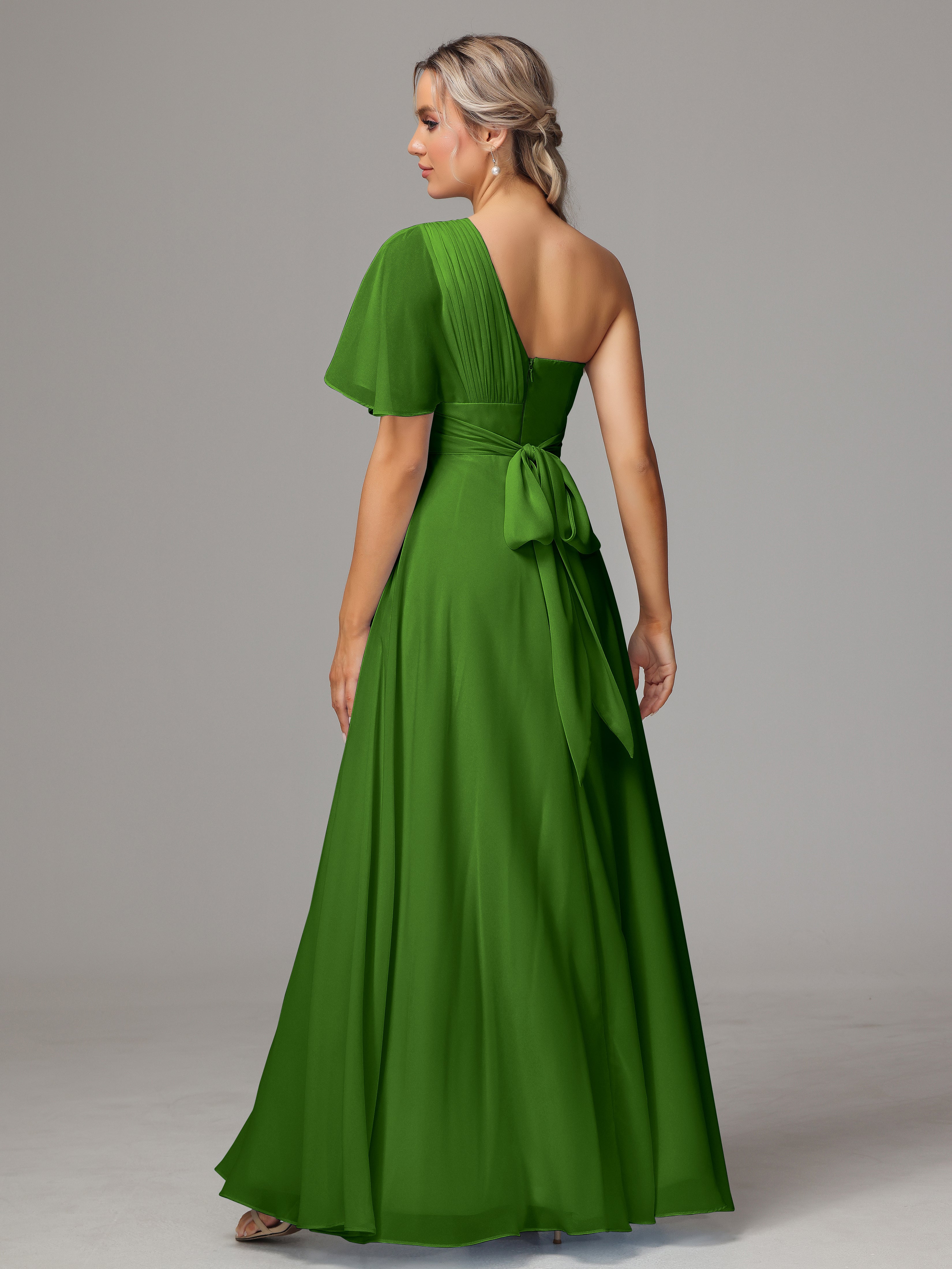 Robes De Demoiselle D'Honneur Vert Mousse Fendue Seule Épaule Mousseline Robe Demoiselle D'Honneur