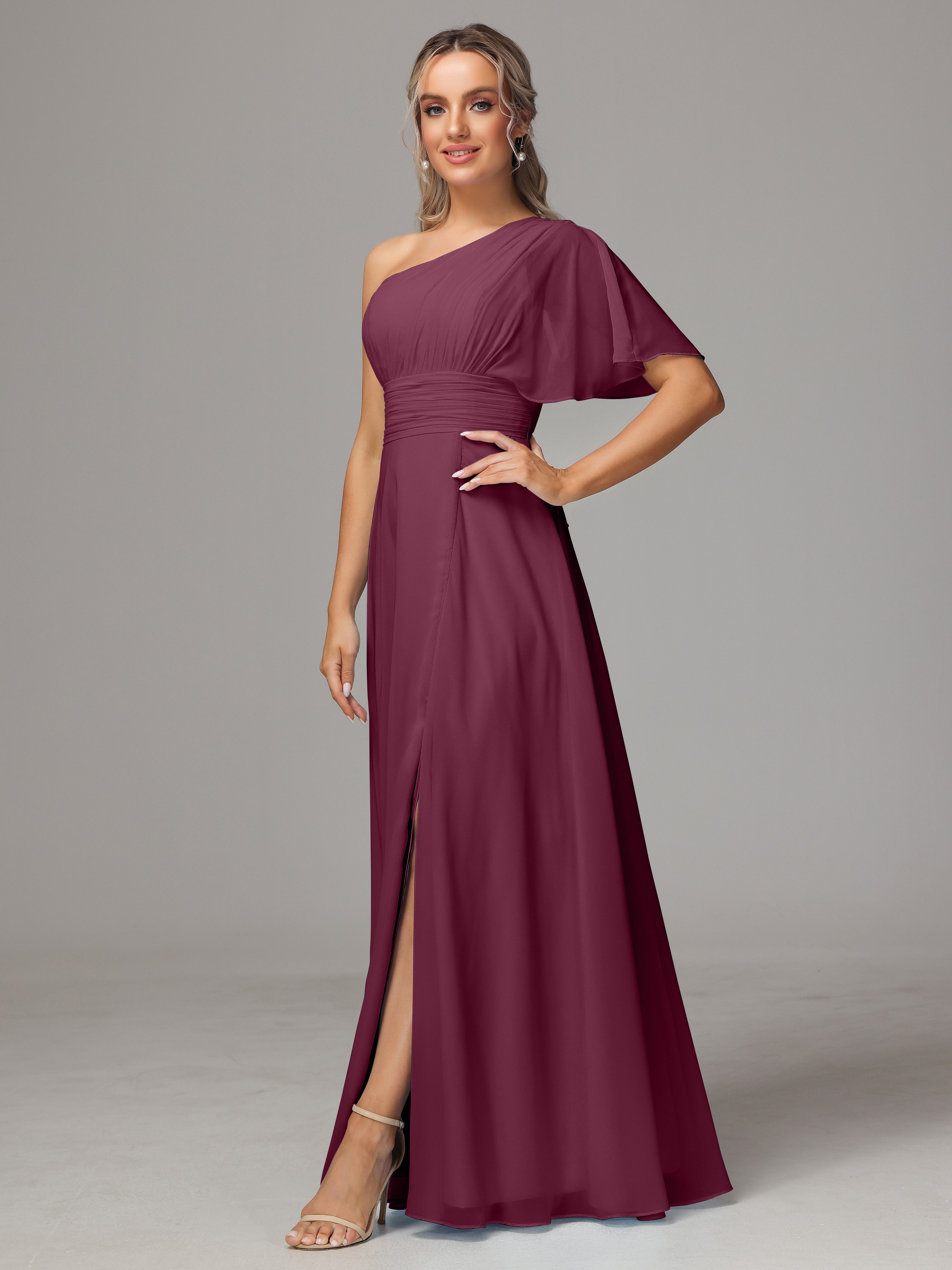 Robes De Demoiselle D'Honneur Mure Fendue Seule Épaule Mousseline Robe Demoiselle D'Honneur