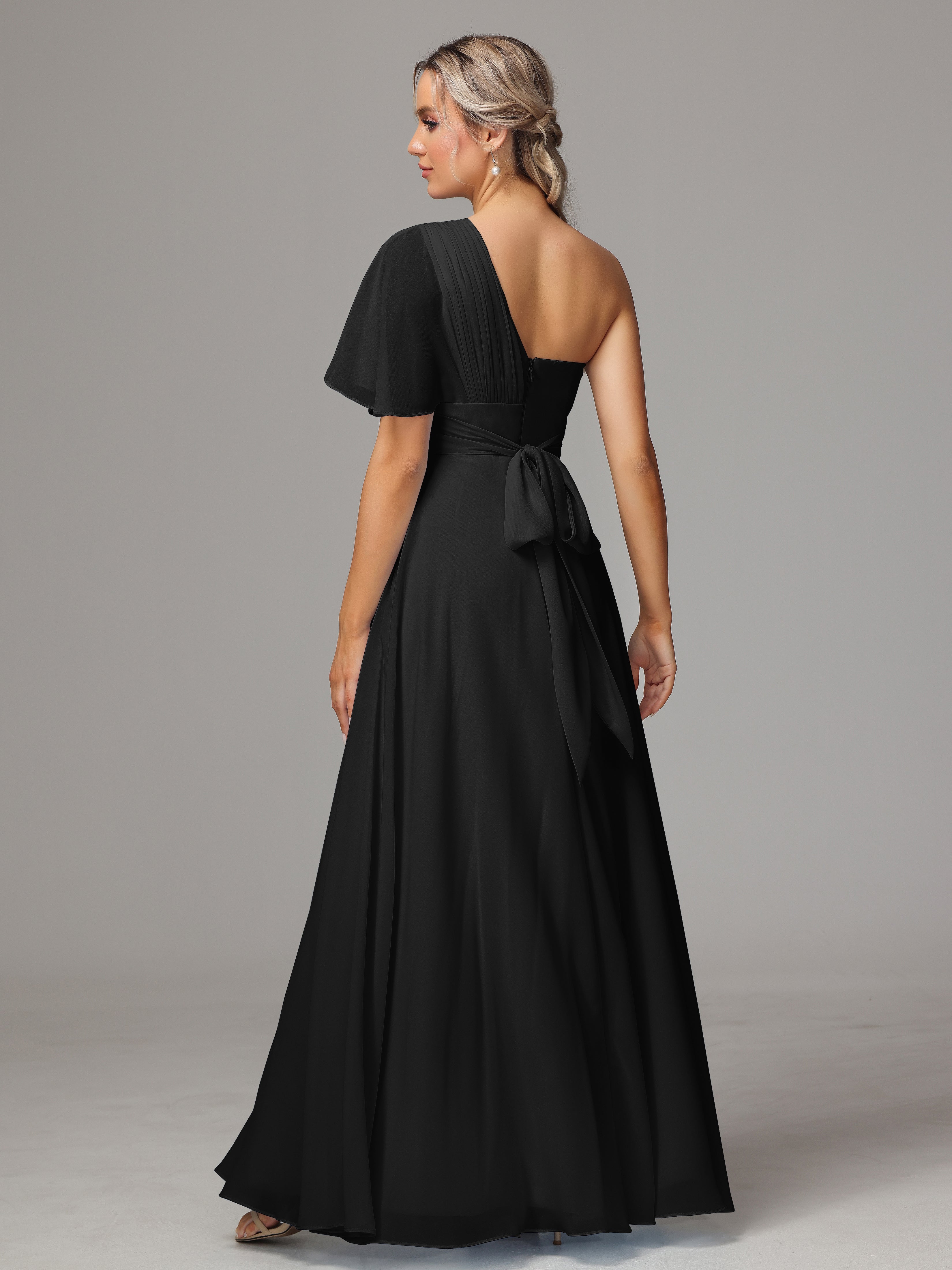 Demoiselle D Honneur Robe Noir Fendue Seule Épaule Mousseline Robe Demoiselle D'Honneur