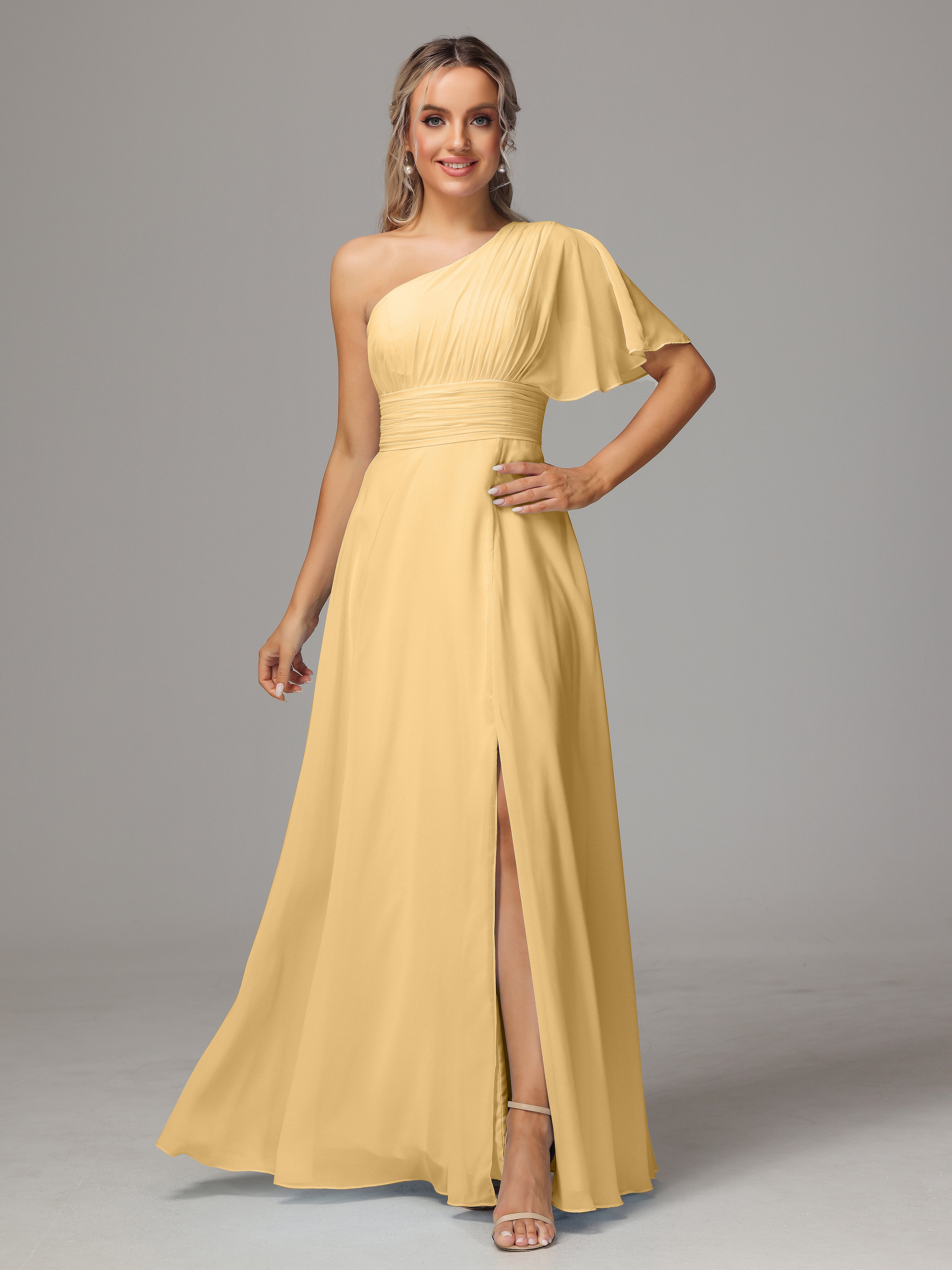 Robe Demoiselle D Honneur Dore Fendue Seule Épaule Mousseline Robe Demoiselle D'Honneur
