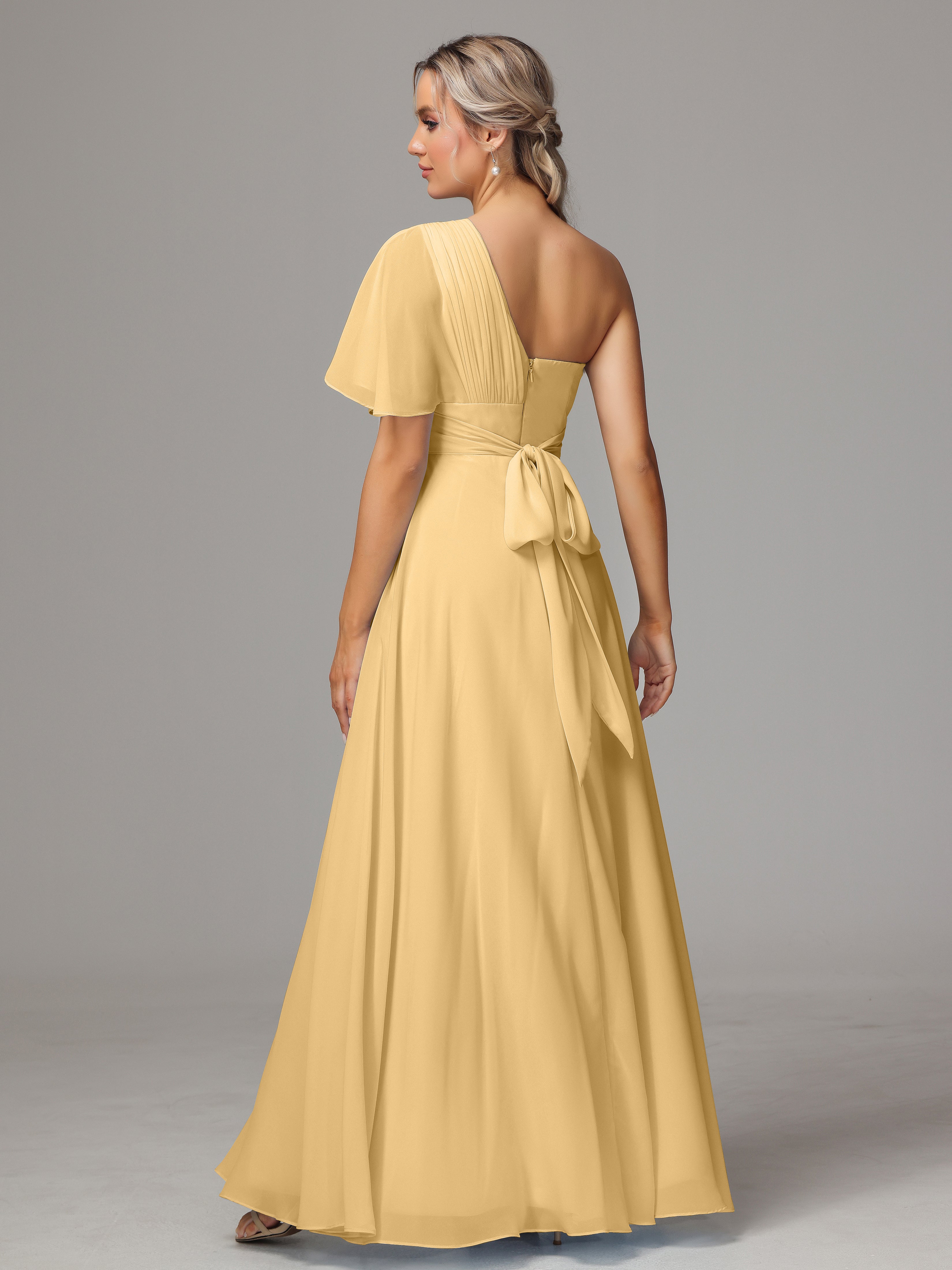 Robe Demoiselle D Honneur Dore Fendue Seule Épaule Mousseline Robe Demoiselle D'Honneur