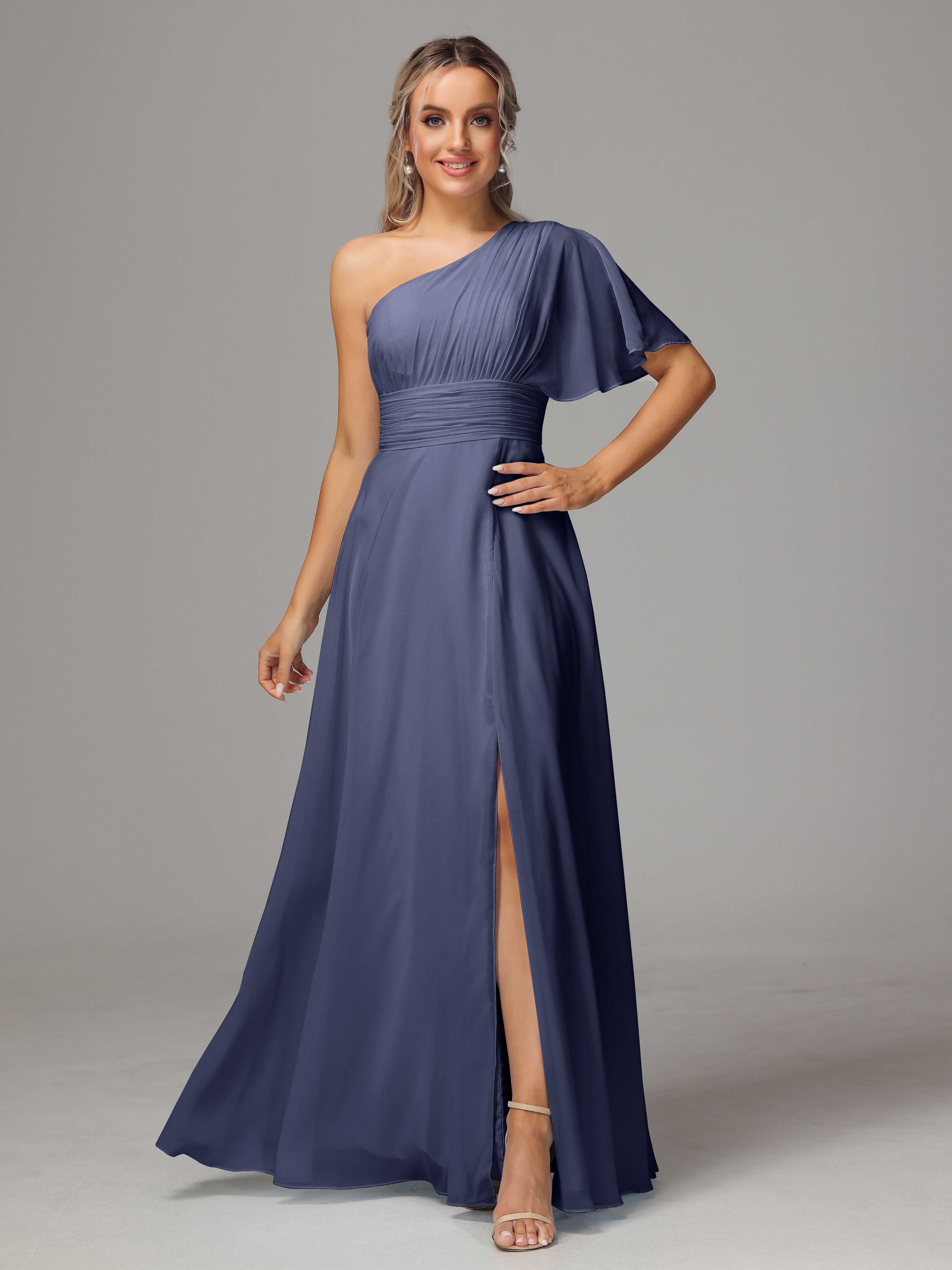 Robes De Demoiselle D'Honneur Bleu Orageux Fendue Seule Épaule Mousseline Robe Demoiselle D'Honneur