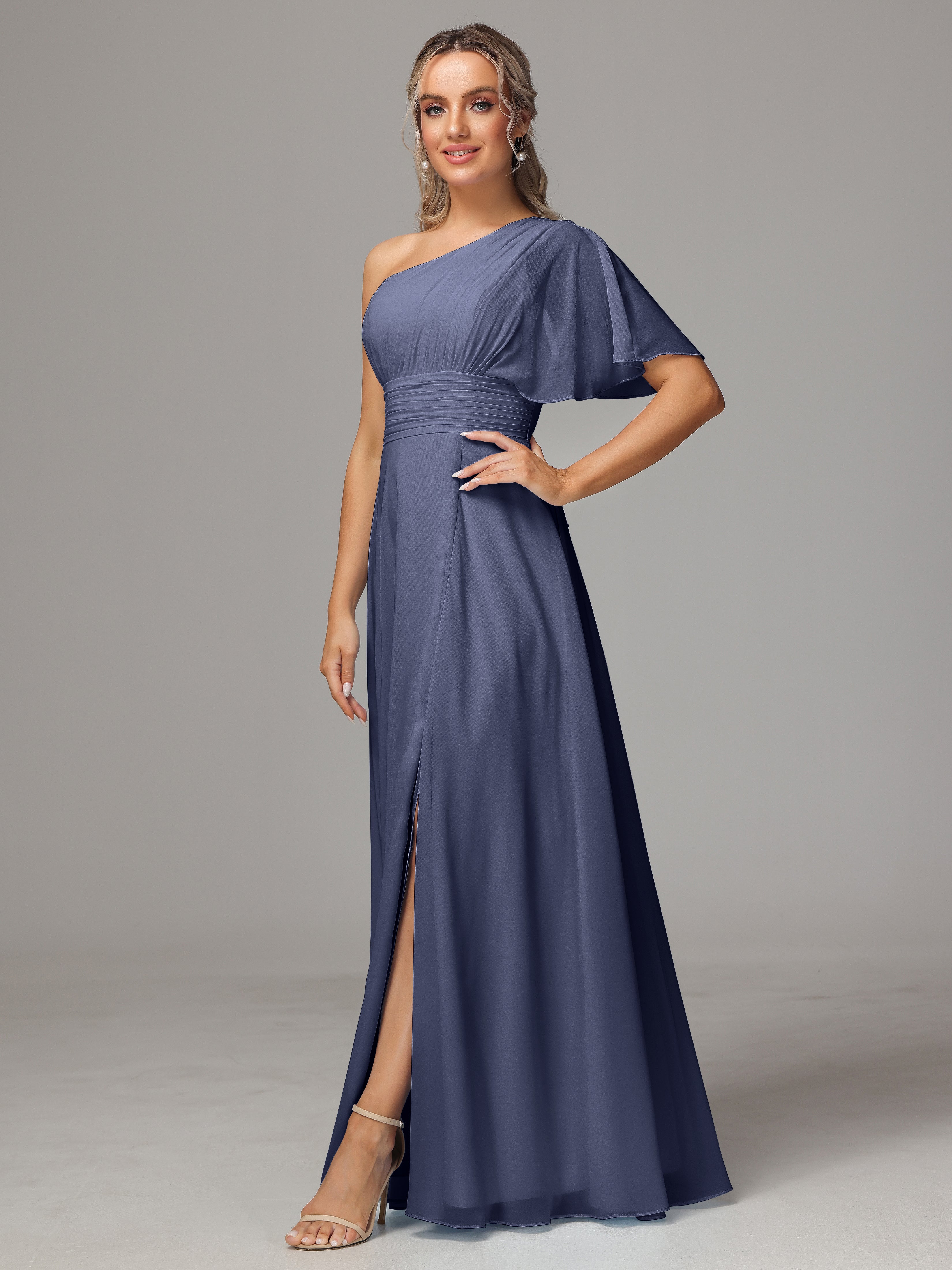 Robes De Demoiselle D'Honneur Bleu Orageux Fendue Seule Épaule Mousseline Robe Demoiselle D'Honneur