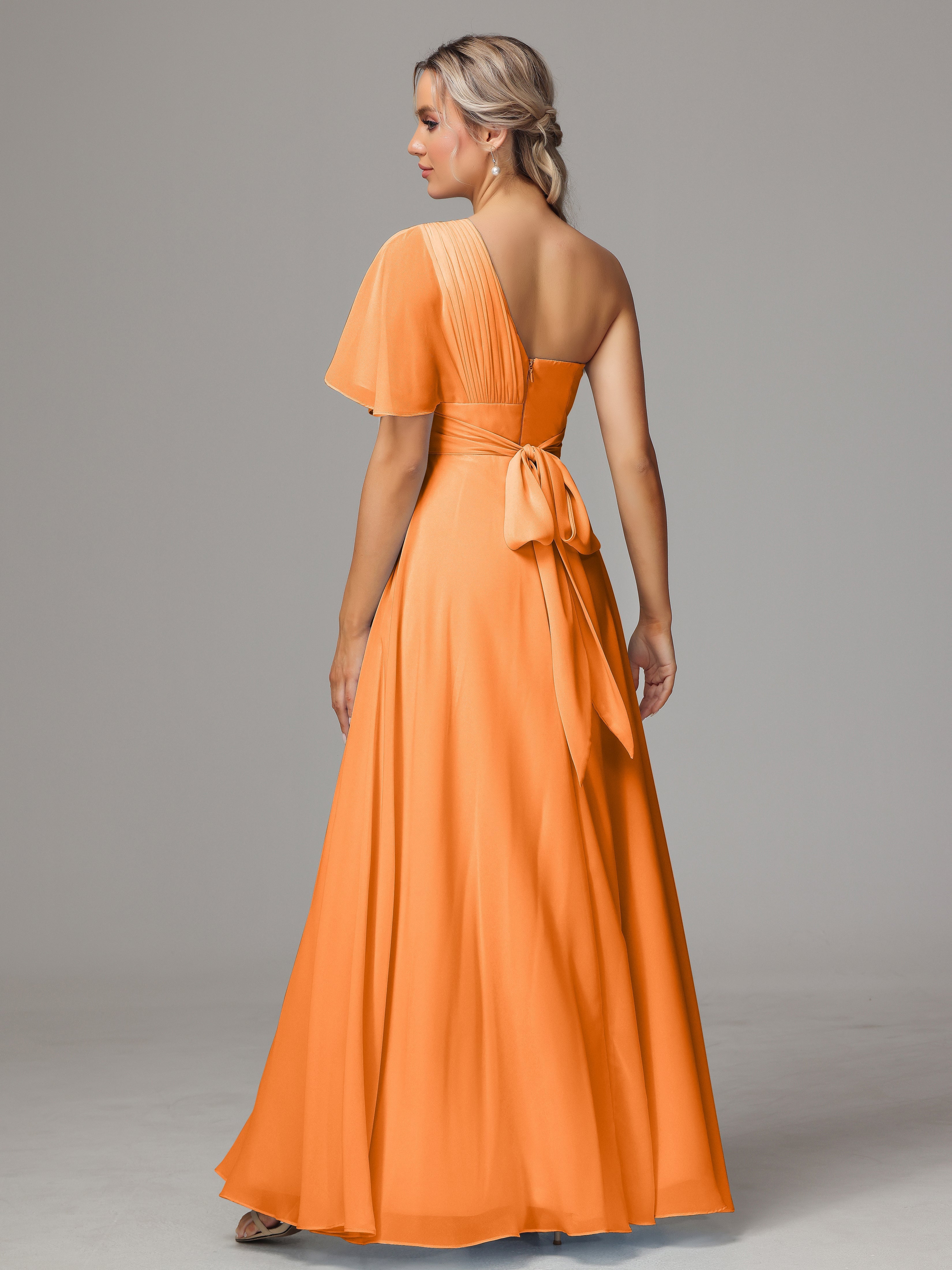 Robe Orange Demoiselle D Honneur Fendue Seule Épaule Mousseline Robe Demoiselle D'Honneur