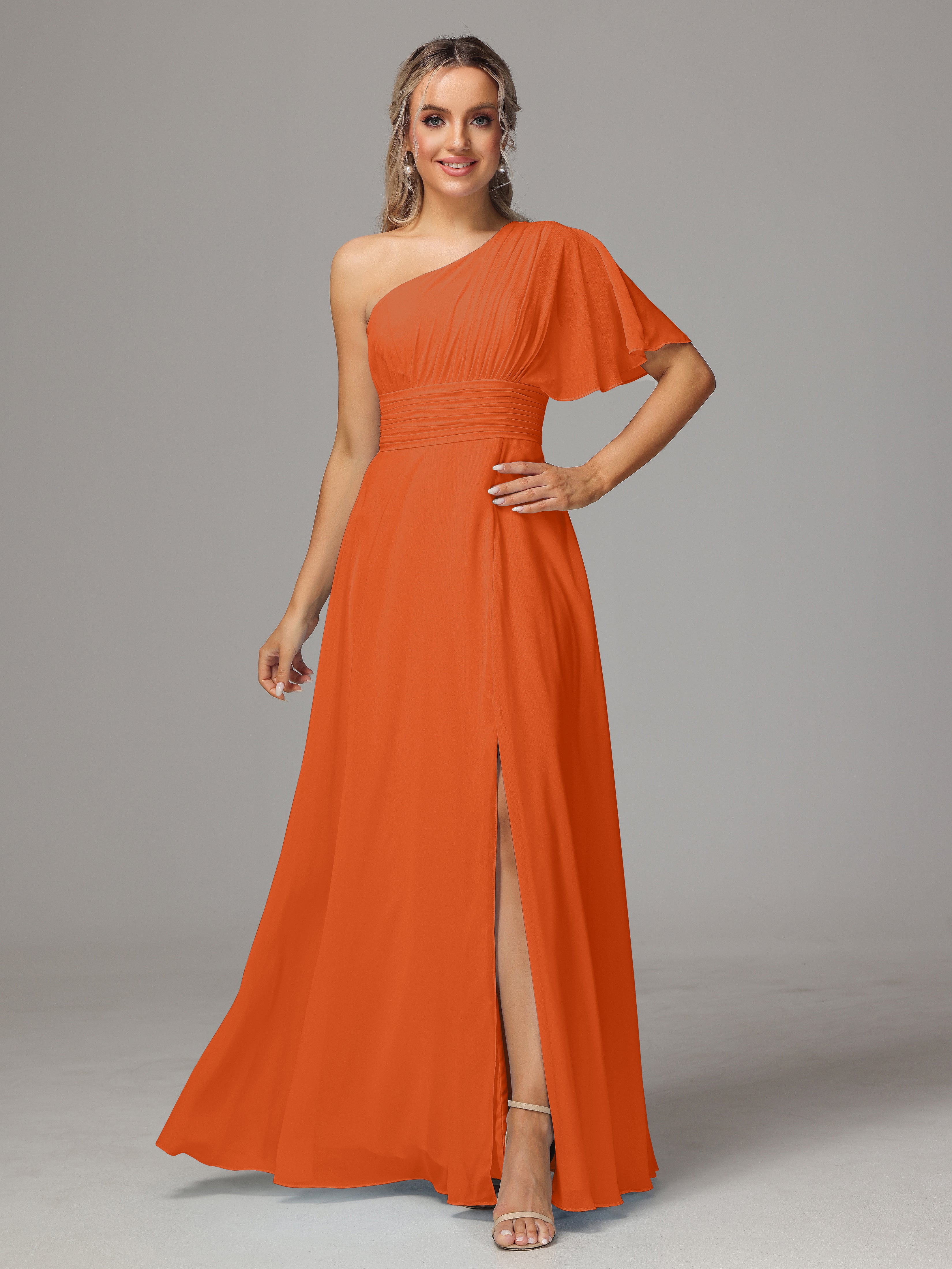 Robe Demoiselle D Honneur Orange Brulé Seule Épaule Mousseline Robe Demoiselle D'Honneur