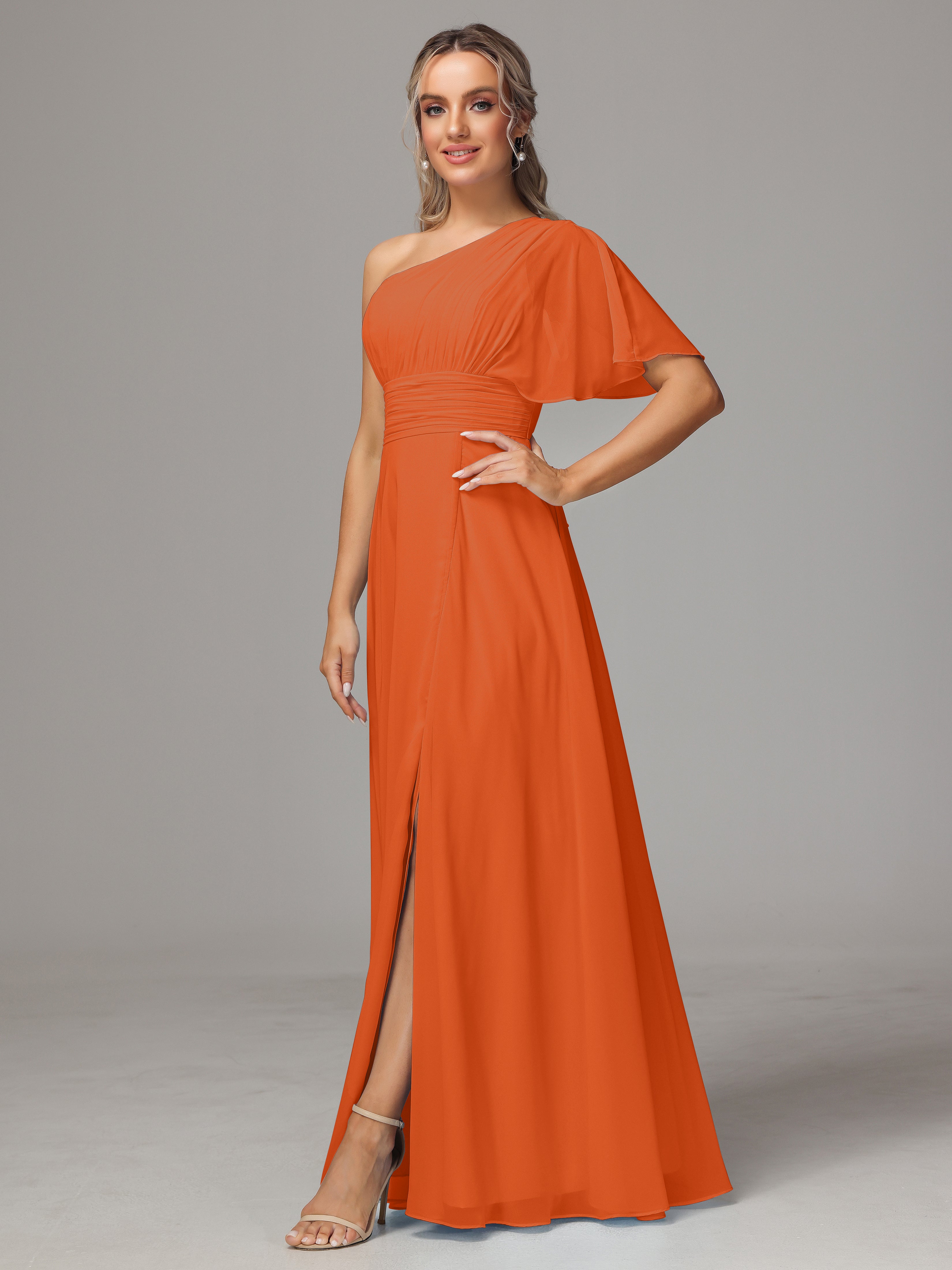 Robe Demoiselle D Honneur Orange Brulé Seule Épaule Mousseline Robe Demoiselle D'Honneur
