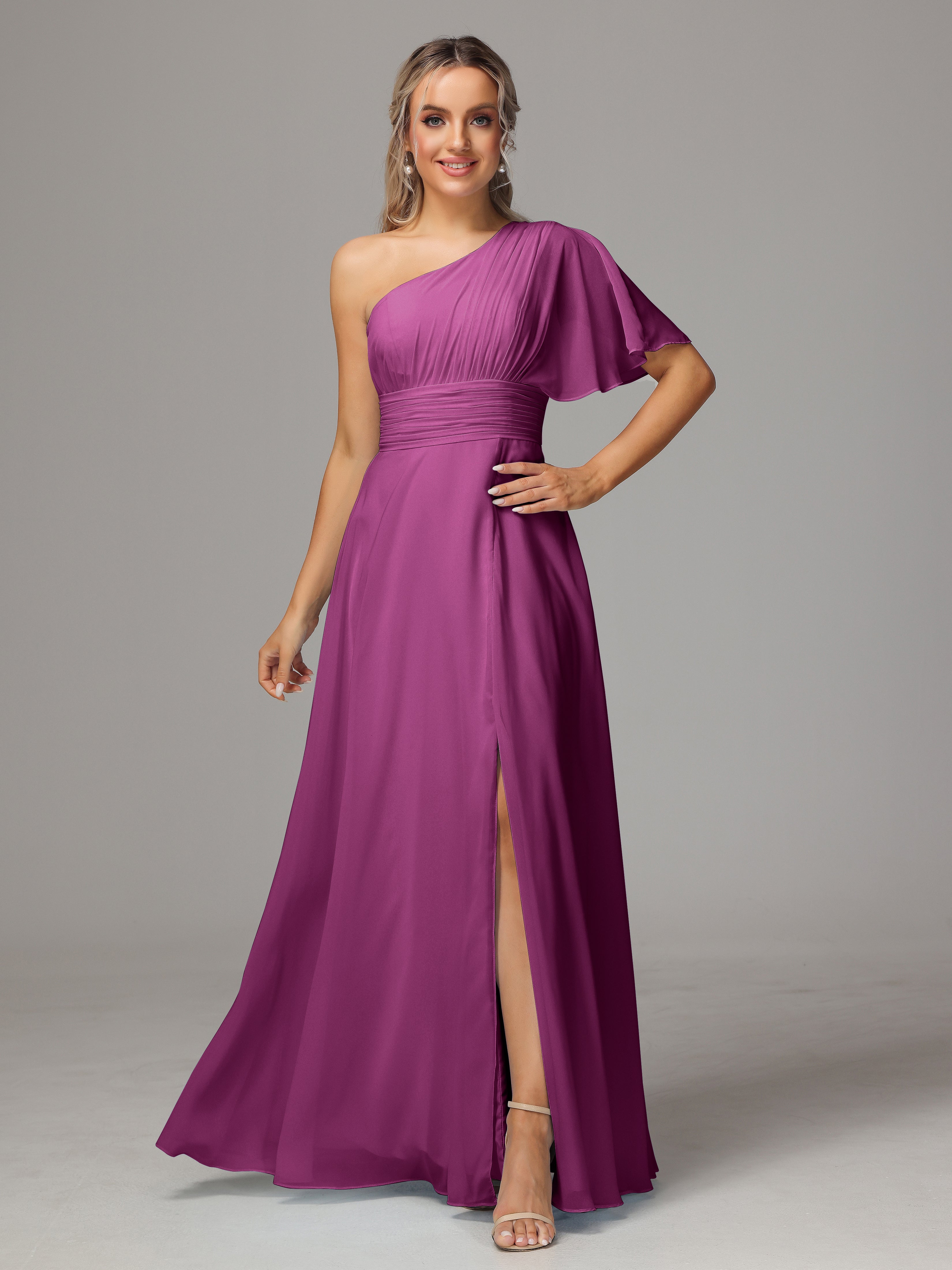 Robes De Demoiselle D'Honneur Orchidée Fendue Seule Épaule Mousseline Robe Demoiselle D'Honneur