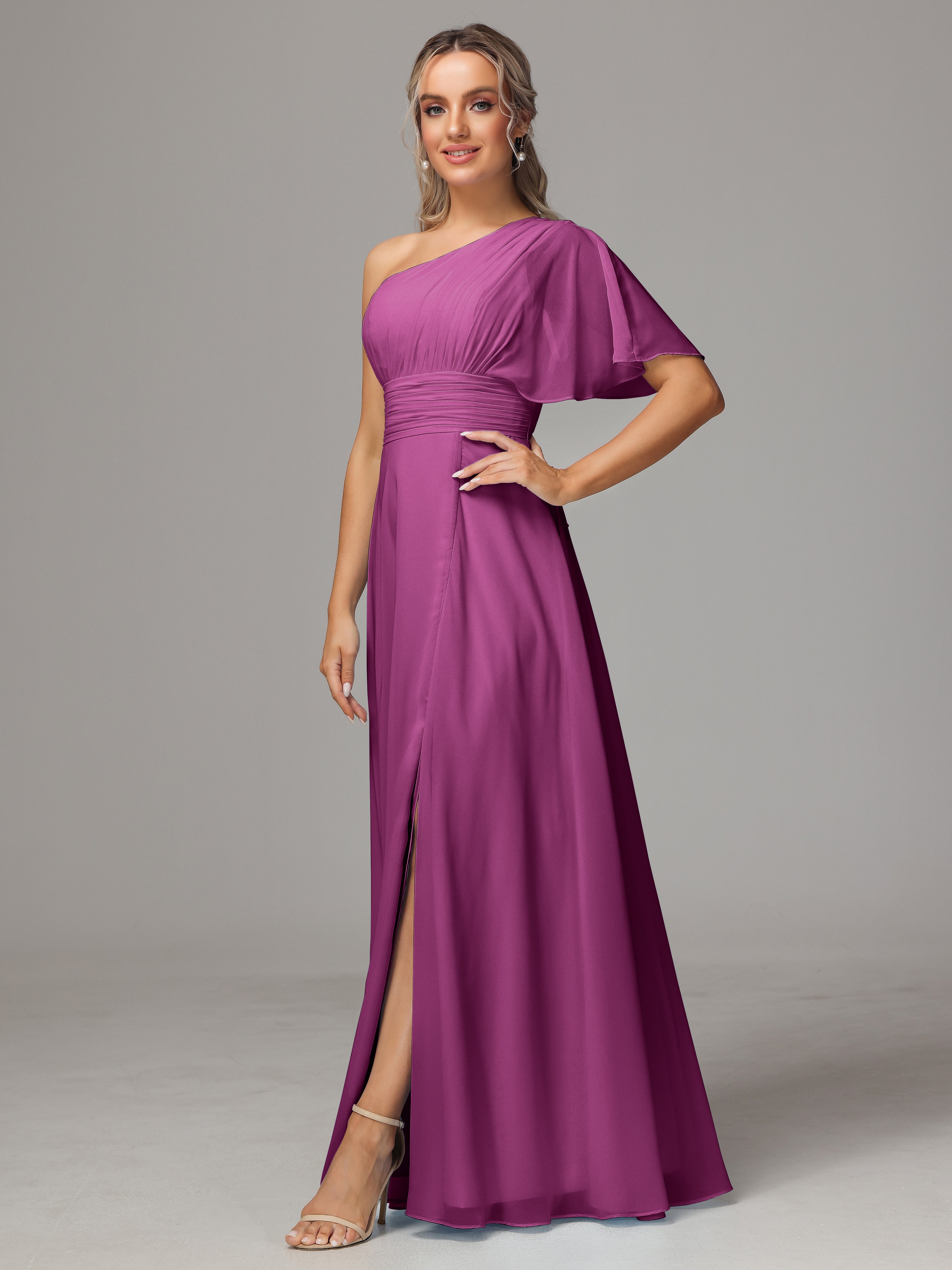 Robes De Demoiselle D'Honneur Orchidée Fendue Seule Épaule Mousseline Robe Demoiselle D'Honneur