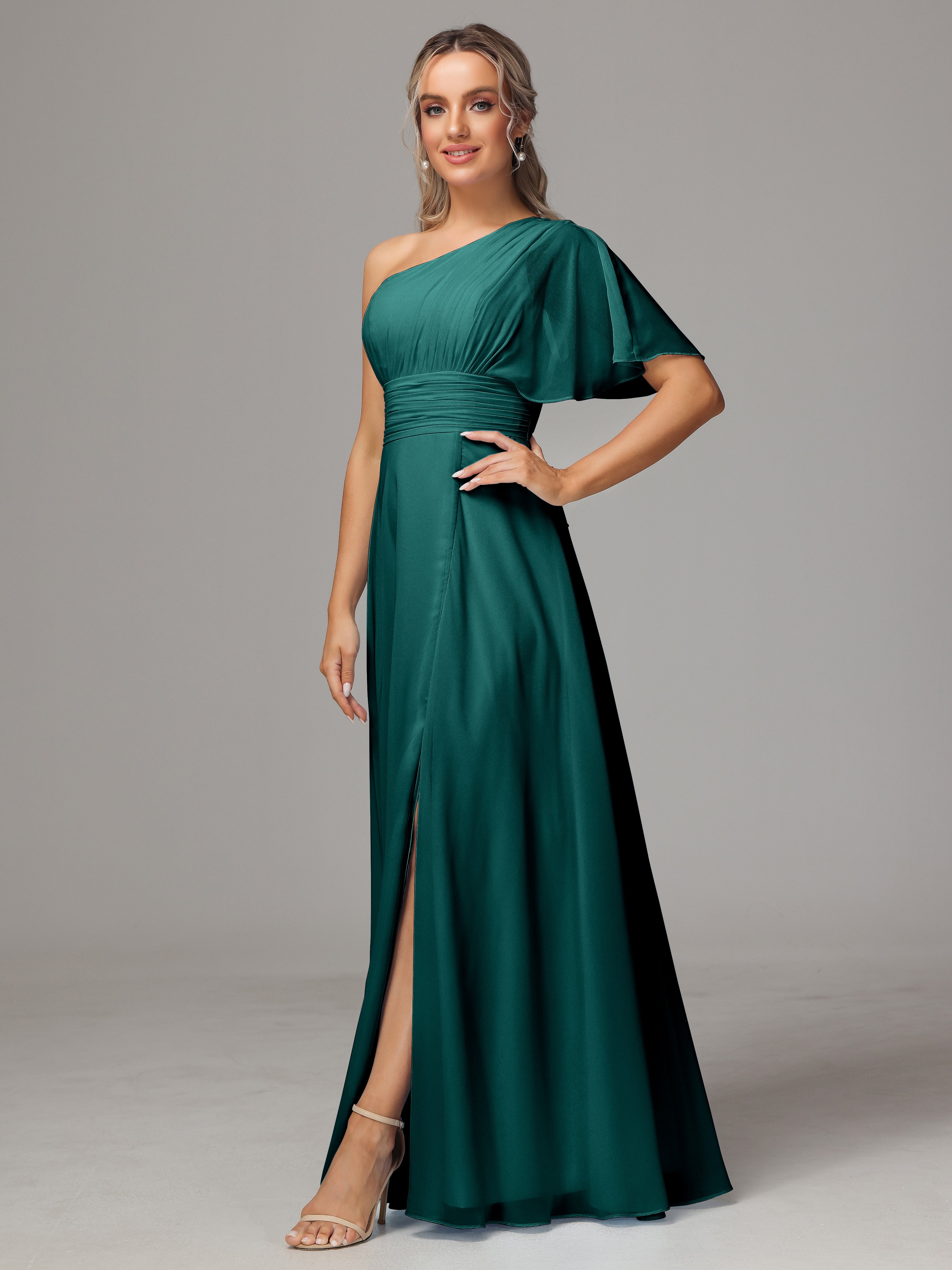 Robes De Demoiselle D'Honneur Couleur Paon Fendue Seule Épaule Mousseline Robe Demoiselle D'Honneur