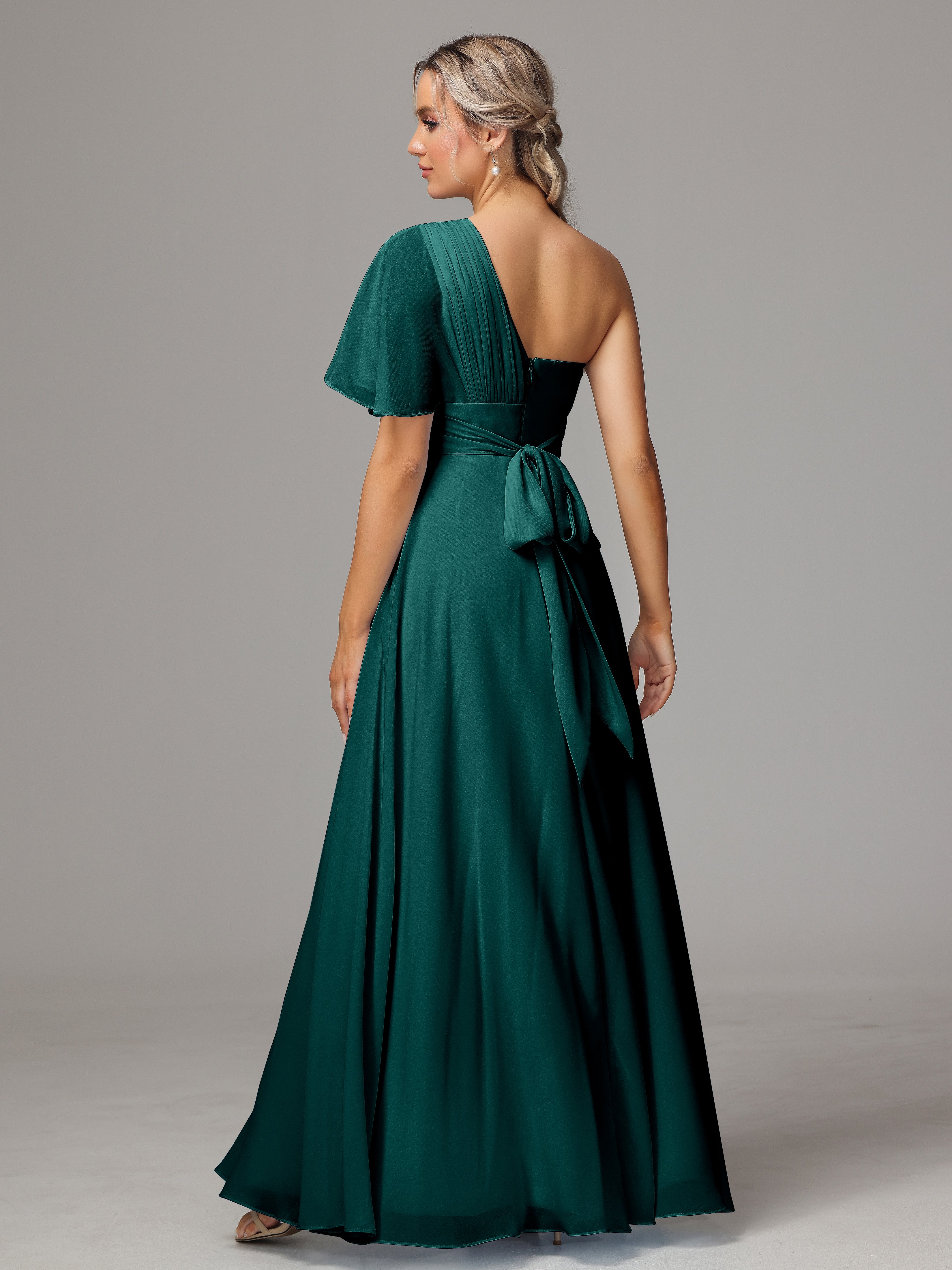 Robes De Demoiselle D'Honneur Couleur Paon Fendue Seule Épaule Mousseline Robe Demoiselle D'Honneur