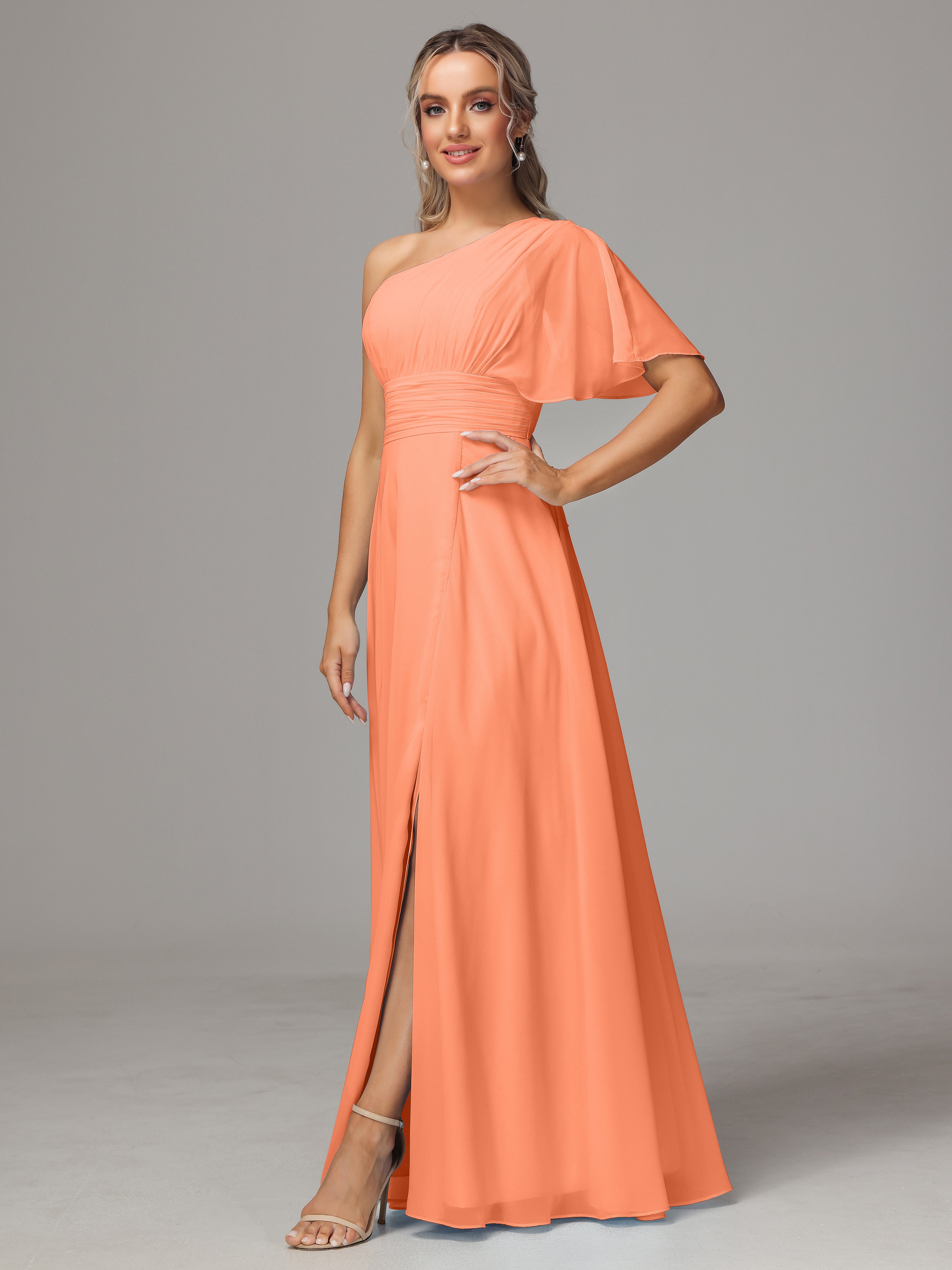 Robes De Demoiselle D'Honneur Papaye Fendue Seule Épaule Mousseline Robe Demoiselle D'Honneur