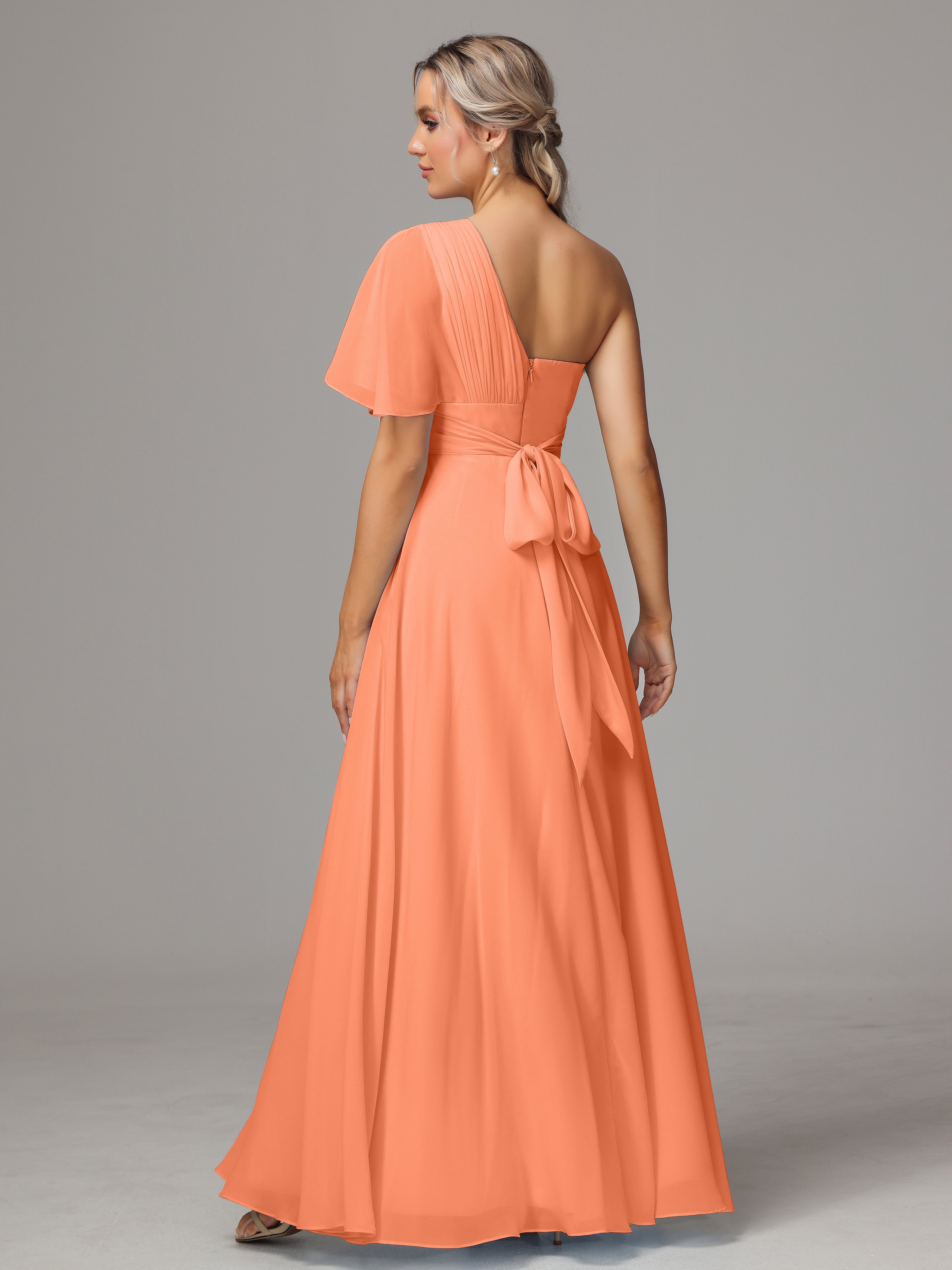 Robes De Demoiselle D'Honneur Papaye Fendue Seule Épaule Mousseline Robe Demoiselle D'Honneur
