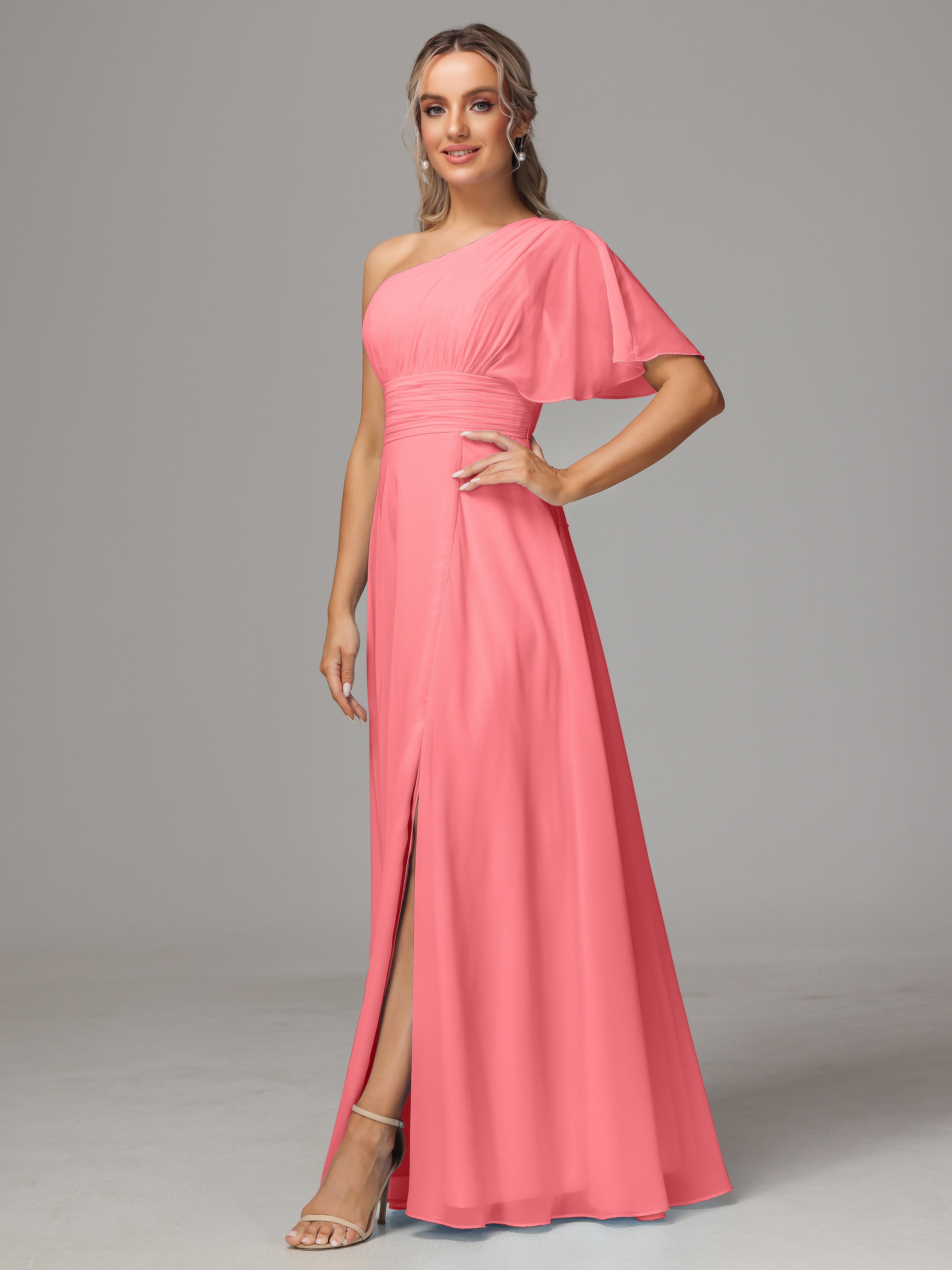Robes De Demoiselle D'Honneur Pastèque Fendue Seule Épaule Mousseline Robe Demoiselle D'Honneur
