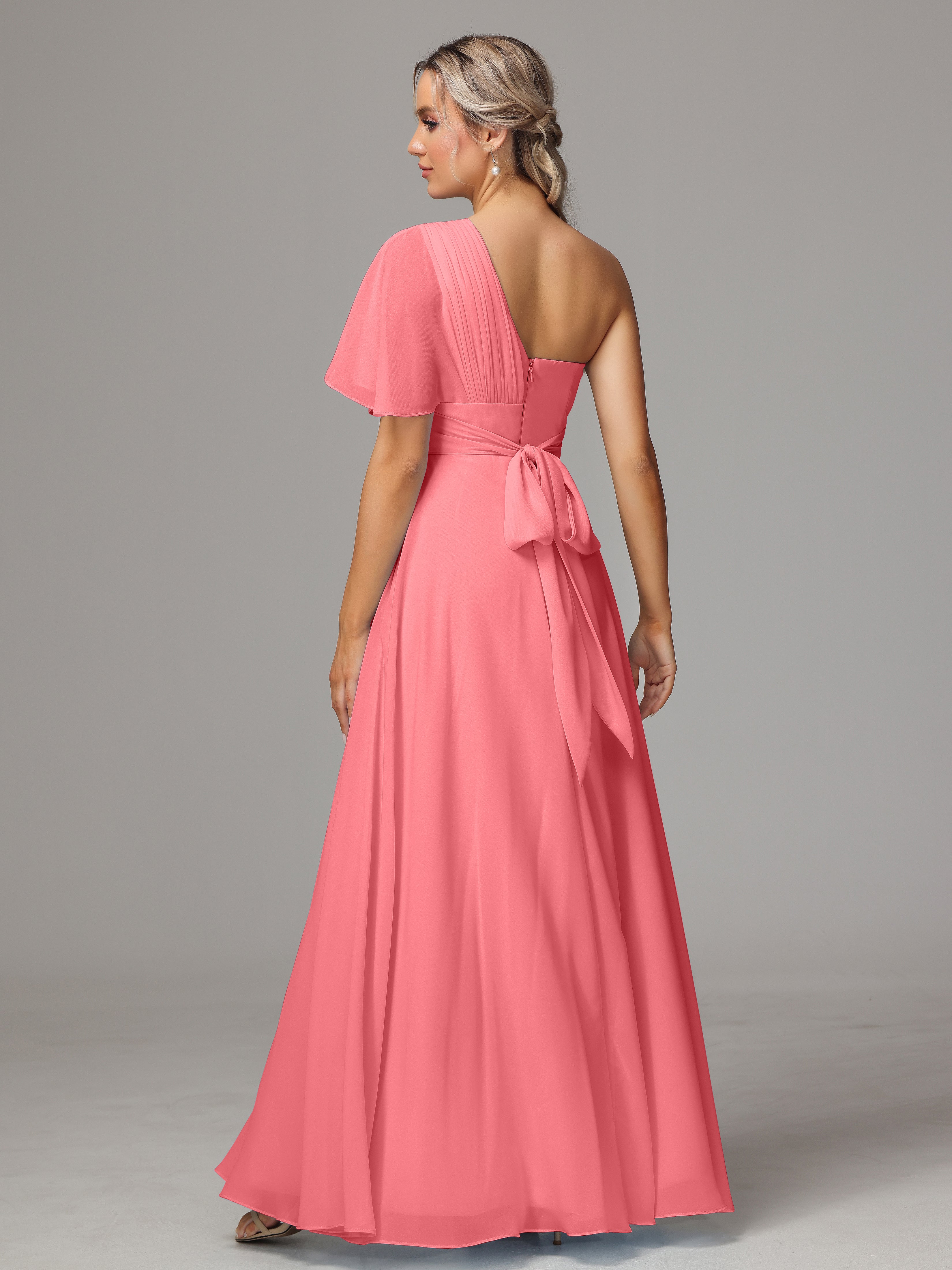 Robes De Demoiselle D'Honneur Pastèque Fendue Seule Épaule Mousseline Robe Demoiselle D'Honneur