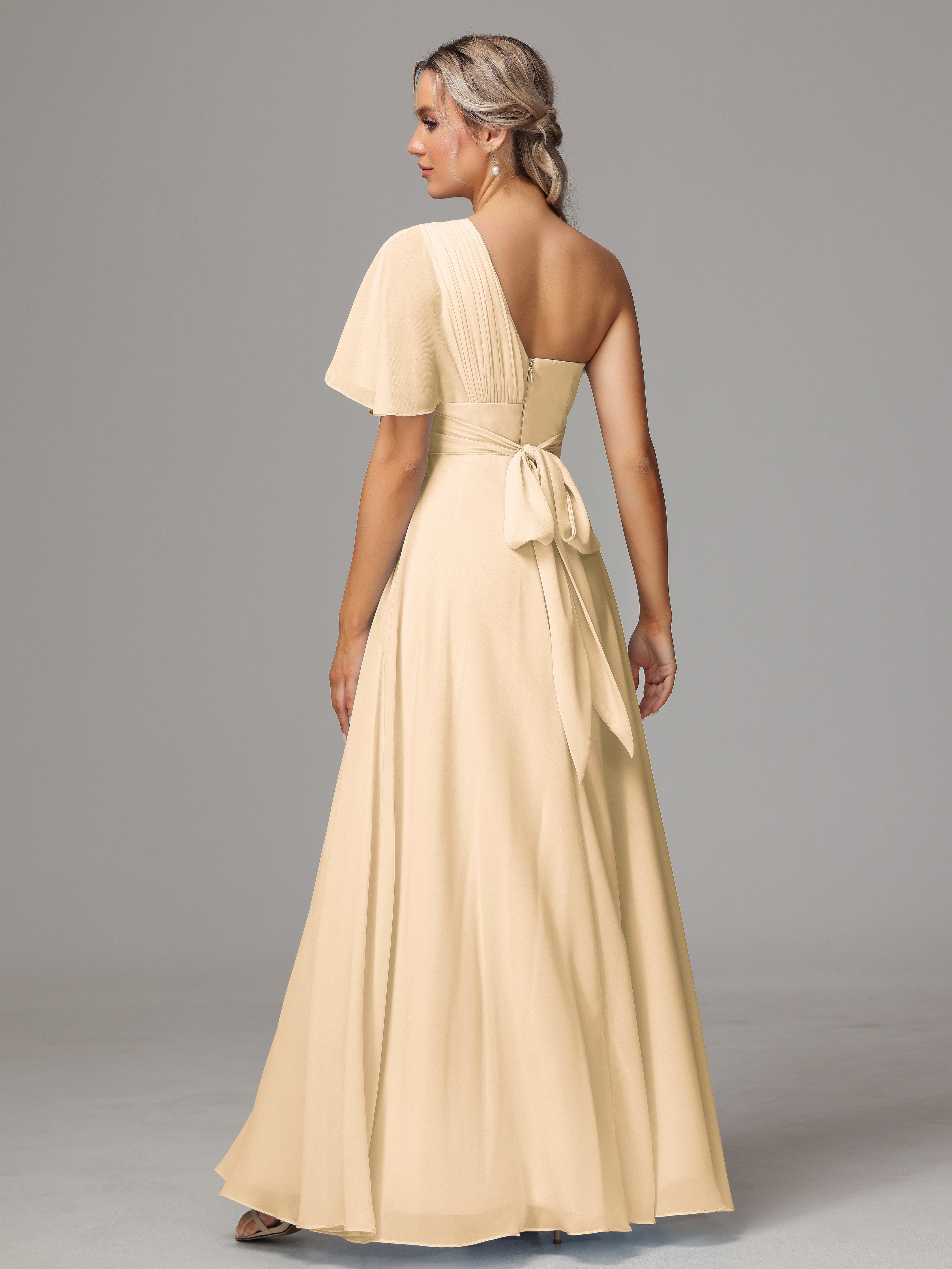 Robe Pêche Demoiselle D Honneur Fendue Seule Épaule Mousseline Robe Demoiselle D'Honneur