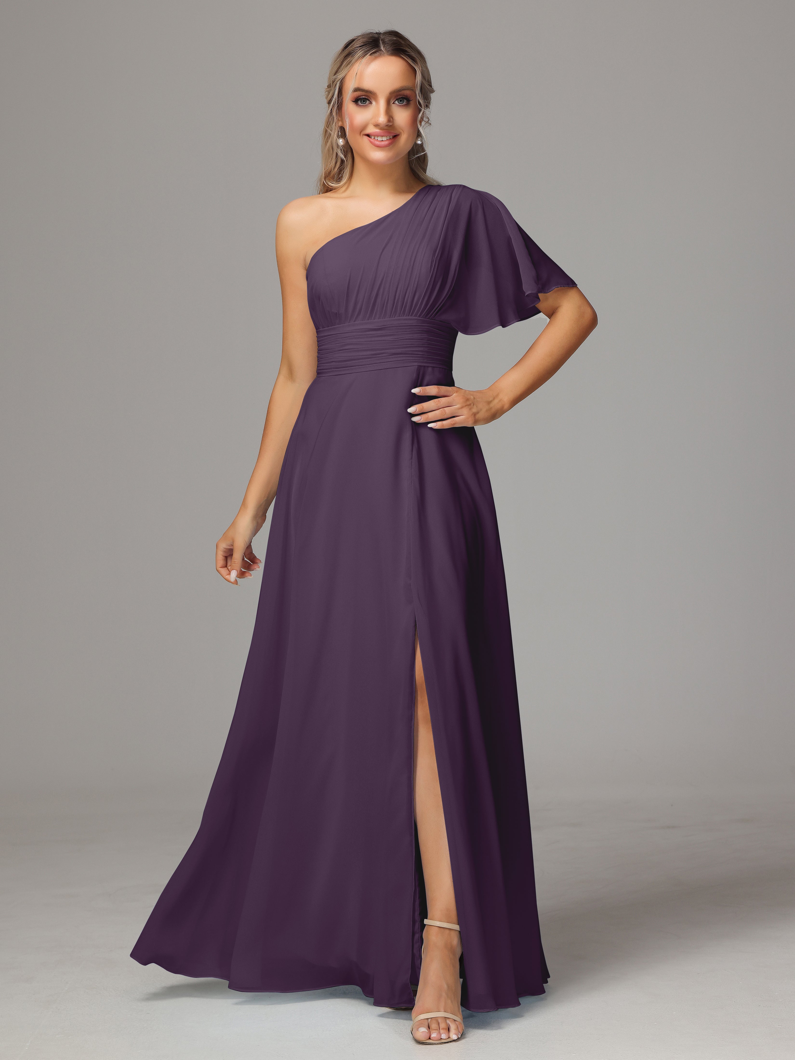 Robe Demoiselle D Honneur Plume Fendue Seule Épaule Mousseline Robe Demoiselle D'Honneur